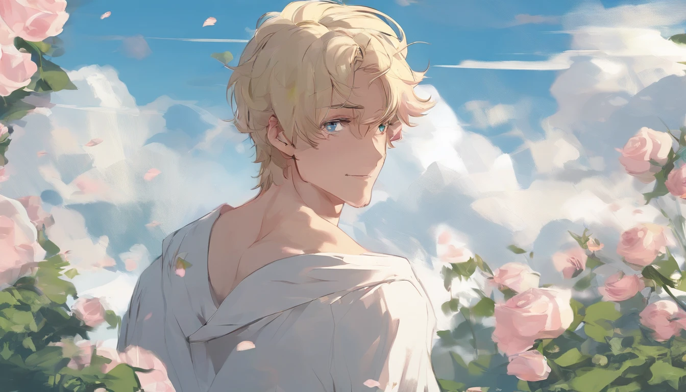 Best image quality, 4k, masterpiece, teenage male, white and tender skin, blonde floppy short hair, blue eyes, green and slightly mature, cute and soft, young, godly eyes, exquisite hair, look at the lens, face focus, smile, delicate facial features, front lighting, front light source, portraiture, face magnification, face close-up, above the shoulder, cute feeling, excellent posture to capture the sight, portrait painting effect, blue sky and white clouds, roses