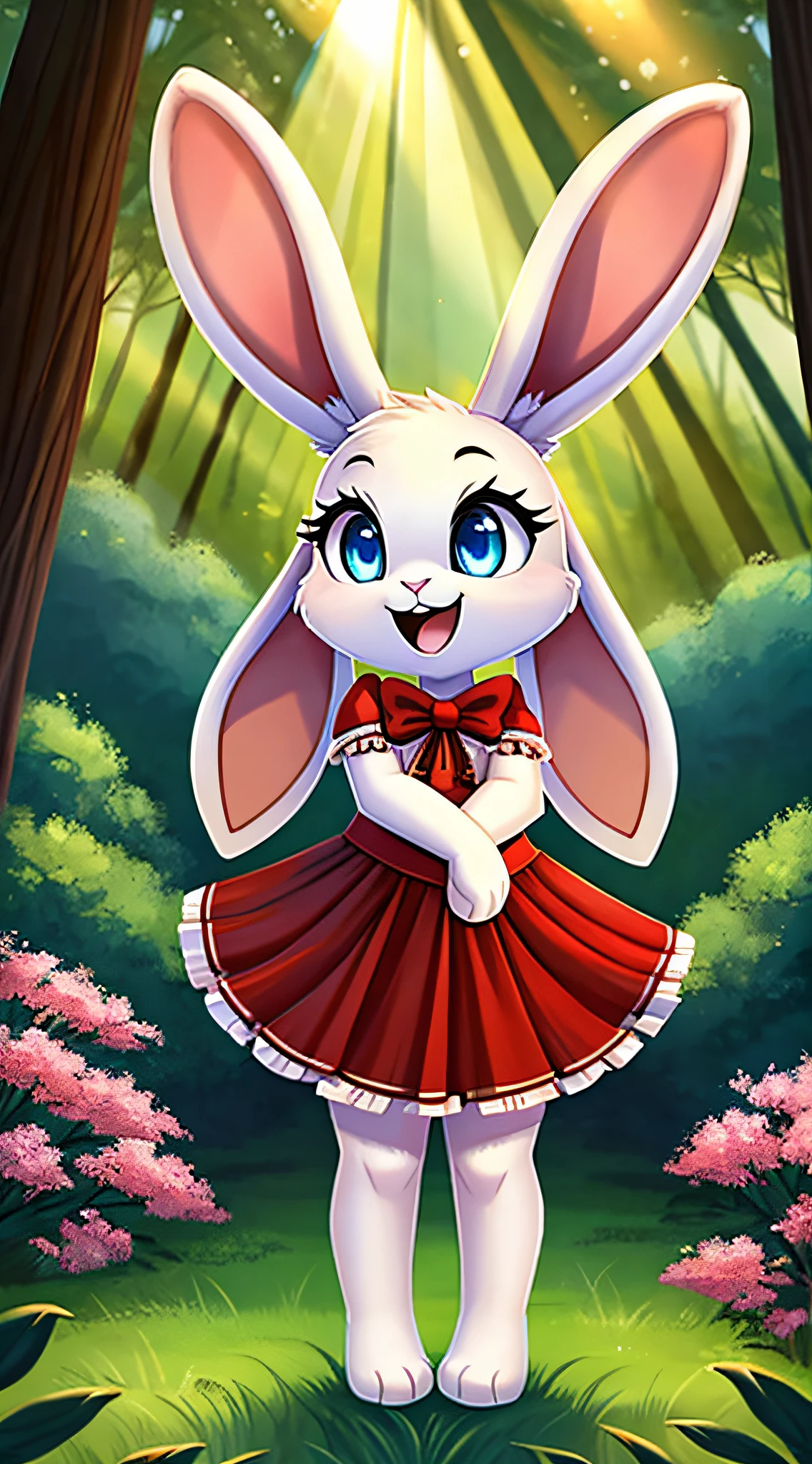 zoomed out image, fantasy style art, cute, adorable, short character, small, tiny little fluffy female white bunny with blue eyes, 4 ears, 2 extra ears, big floppy ears, long ears, ears perked up, raised ears, long eyelashes, poofy rabbit tail, wearing a red frilly ribbon dress, smiling, standing in a forest, big expressive smile, open mouth, wide eyes, excited eyes, excited face, stunning visuals, sunlight coming through the trees, pink flowers scattered in the bushes, digital illustration