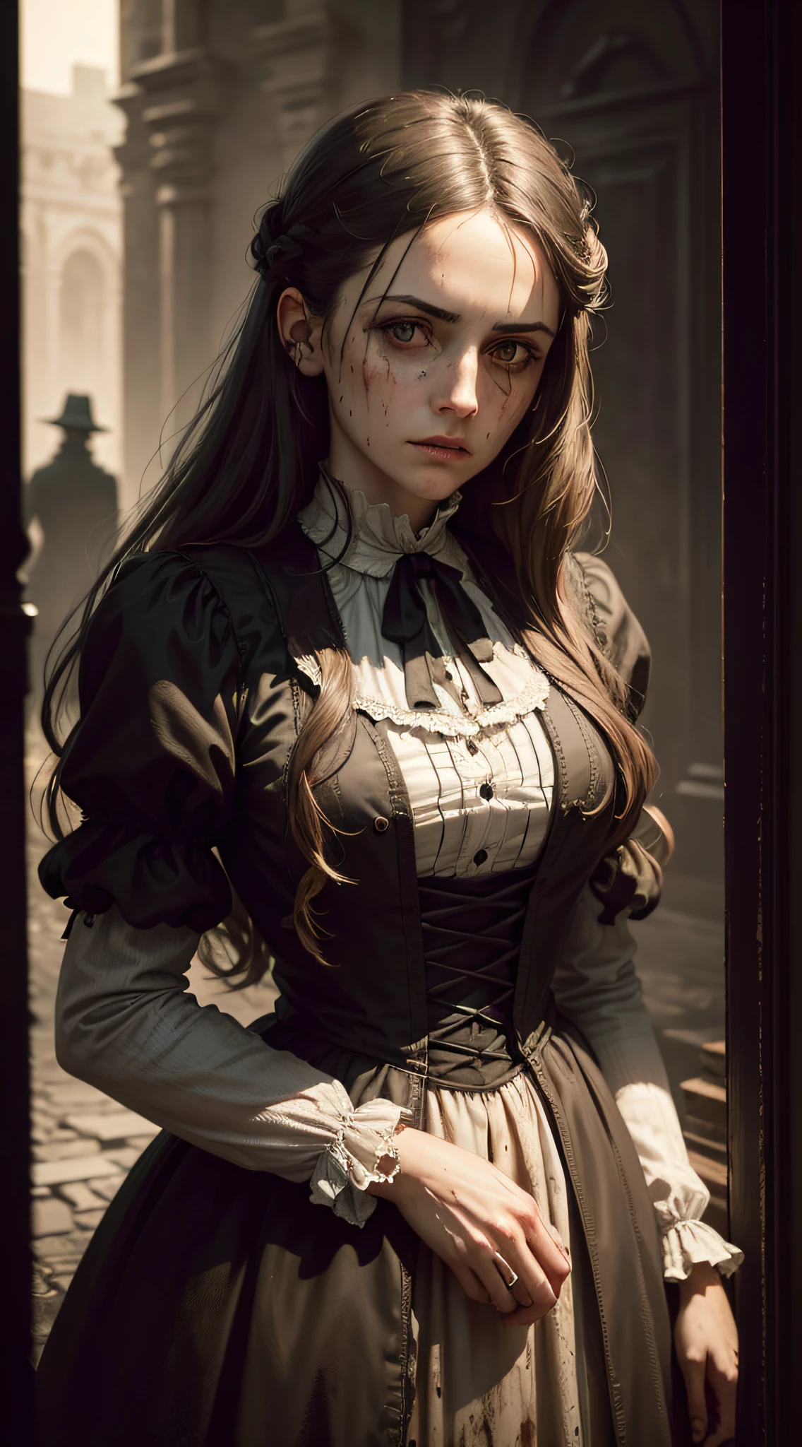 (best quality,realistic),Catherine Eddowes with detailed facial features and expressive eyes,detailed facial features,facial expression with fear,gorgeous long hair,beautiful lips,medium:oil painting,ultra-detailed paint strokes,meticulous brushwork,impeccable shading and highlights,rich textures and depth,contrasting light and shadow,highly detailed jewelry,Victorian clothing ,dirty and torn dress,dark and gloomy atmosphere,street environment,gritty details,accurate depiction of wounds,mutilation marks,realistic blood stains,haunting and eerie mood,ominous lighting,sepia color tone,vivid colors with desaturated tones,dramatic composition,expertly captured emotions,attention to historical accuracy.