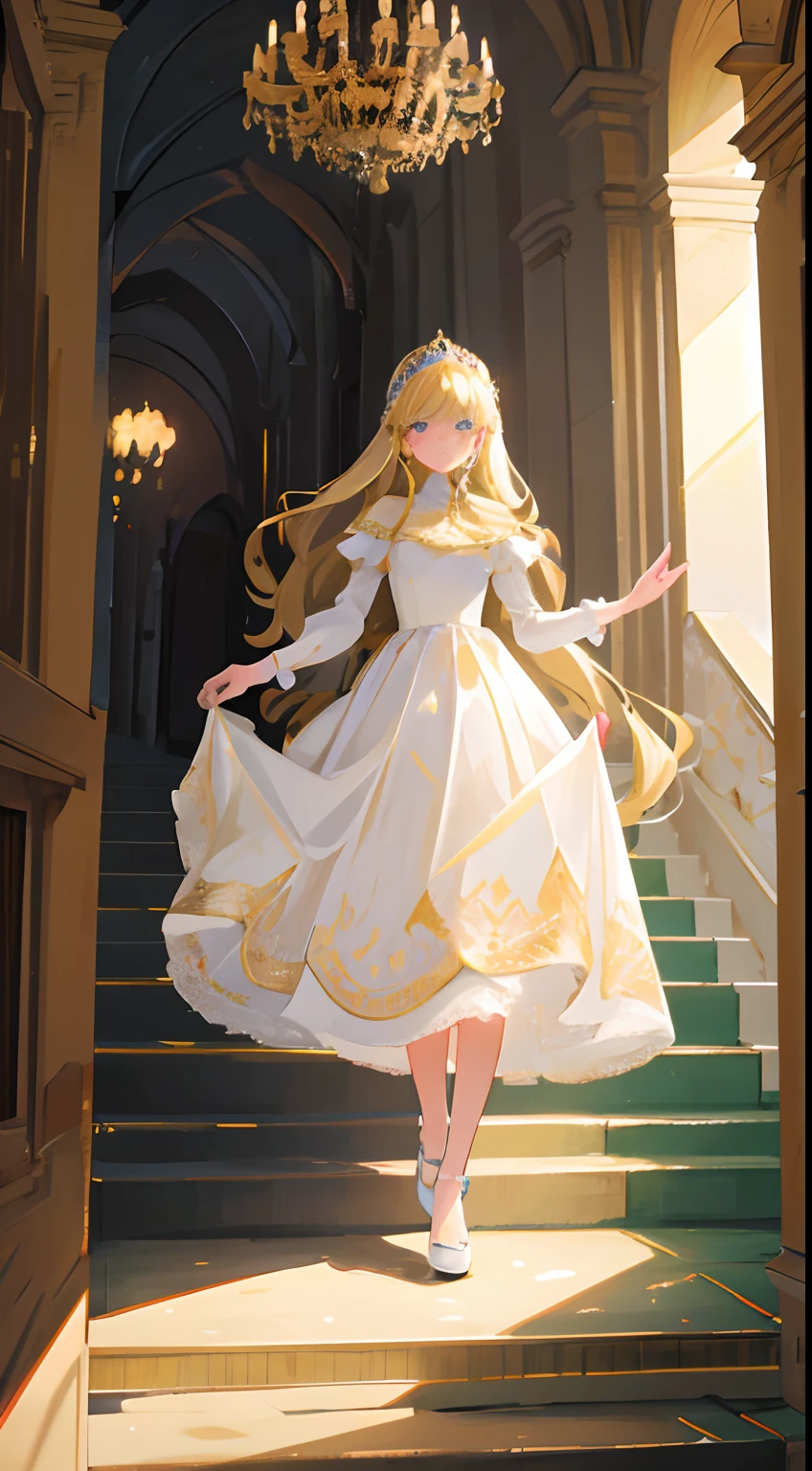 masterpiece, best quality, gorgeous, a princess walking down stairs, stair, elegant, dress, inside a castle, beautiful,full body, detailed dress, gold, white dress, perfect face, expressive eyes, cute,elegant