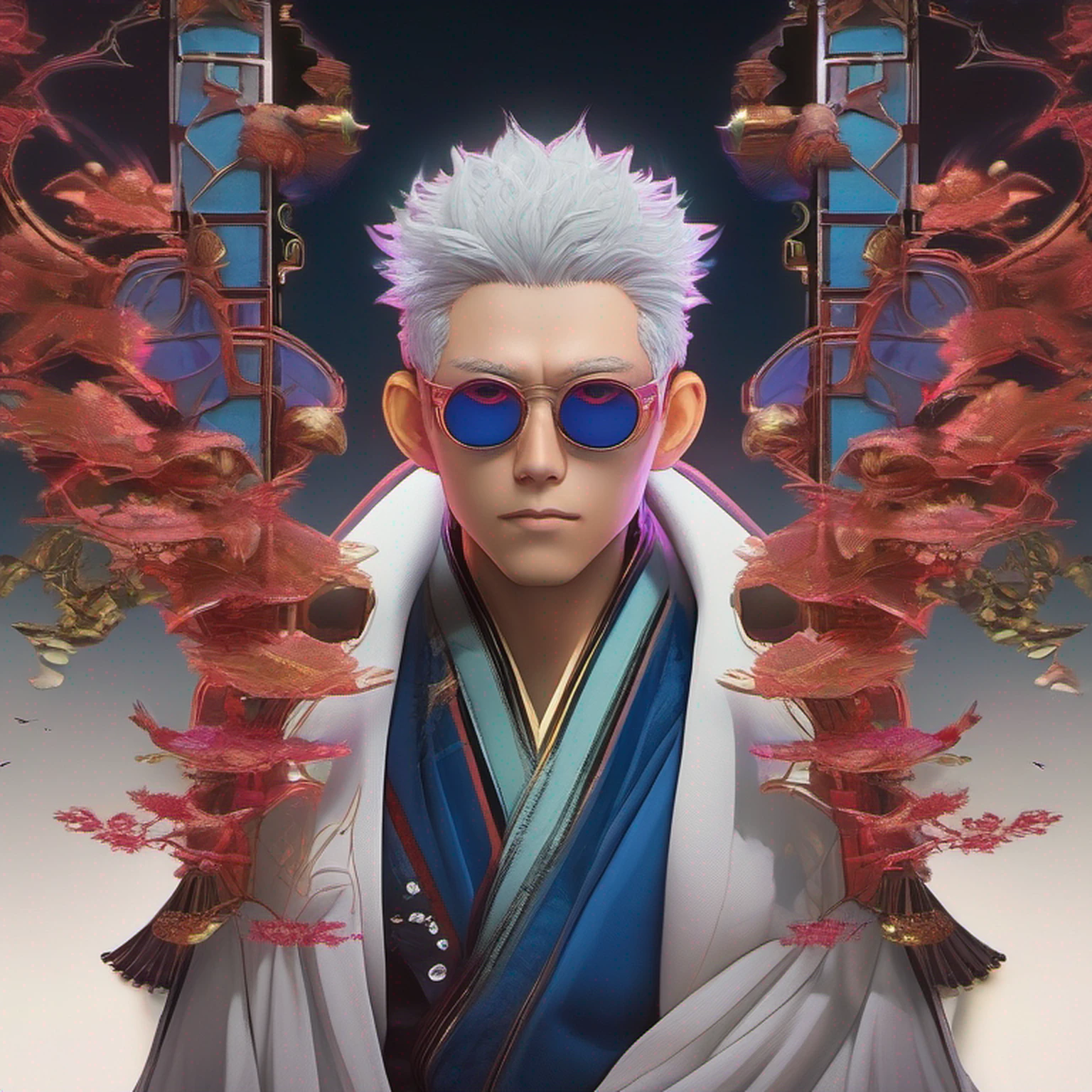 ((High detail、Cinematic lighting))、messy white hair、aquamarine eyes、white lashes、raios de deus、ray tracing、sombra projetada、optical illusion、Parte superior do corpo、looking at the camera、master part、((Super Detalhe、melhor qualidade、8k))、Jujutsu Kaisen、Gojo Gojo、Traje preto、Surgical deployment、Fundo preto do jato perfeito、olhar sereno、Ser Poderoso、mystic atmosphere、(Estranho luar、Ominous shadows、 Aura azul intensa、 Aura vermelha intensa、Symbol of the power that surrounds you、Radiating Magical Energy、Mystical artifacts、Ether particles、dinamic pose、Epic Soundtrack、a sense of wonder、(((Detailed hand)))、Sunglass