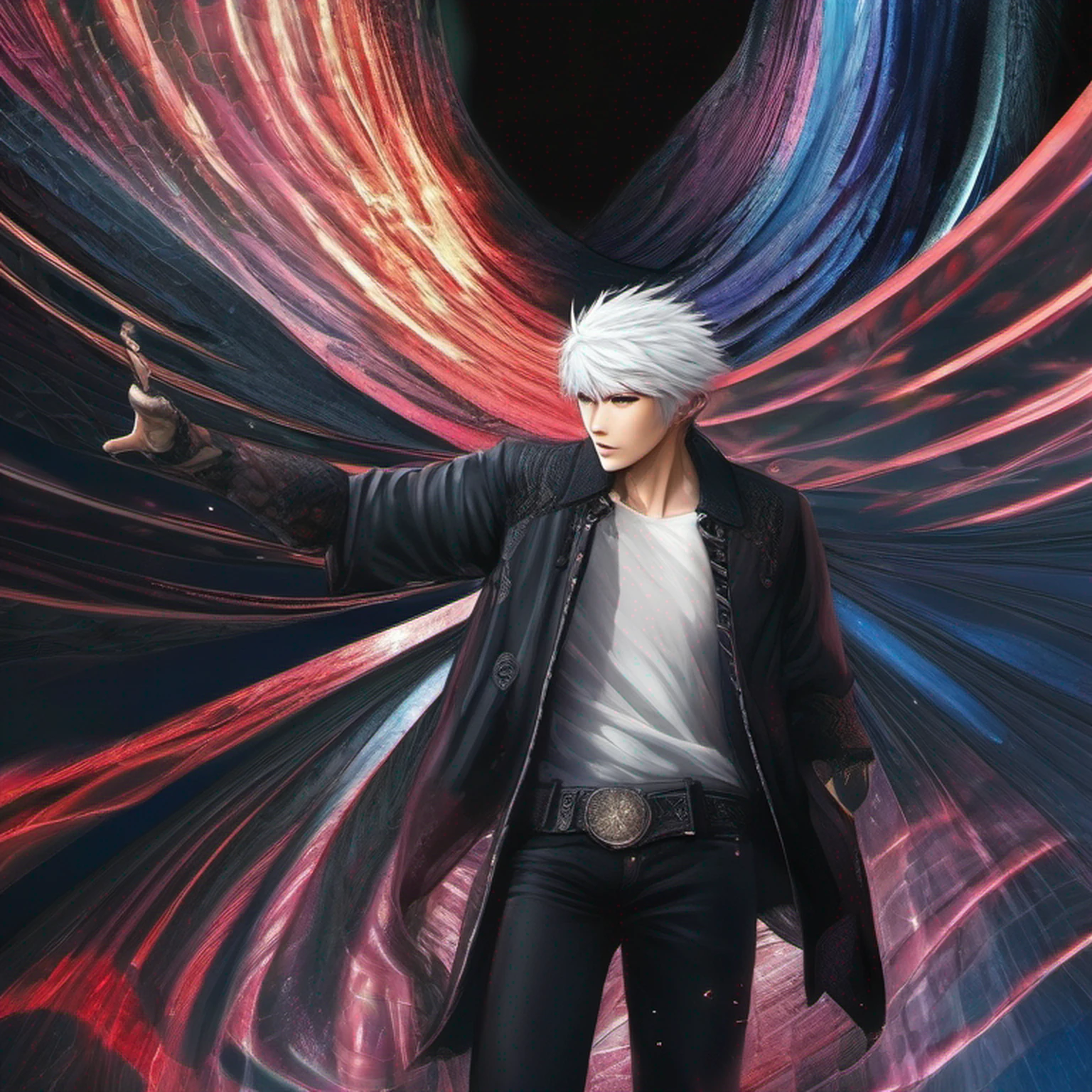 (absurdres, highres, ultra detailed, HDR), masterpiece, best quality, 1man, solo, handsome, short hair, inumaki toge, facial tattoo, white hair, black jacket, jeans, closed mouth, swirl, vortex