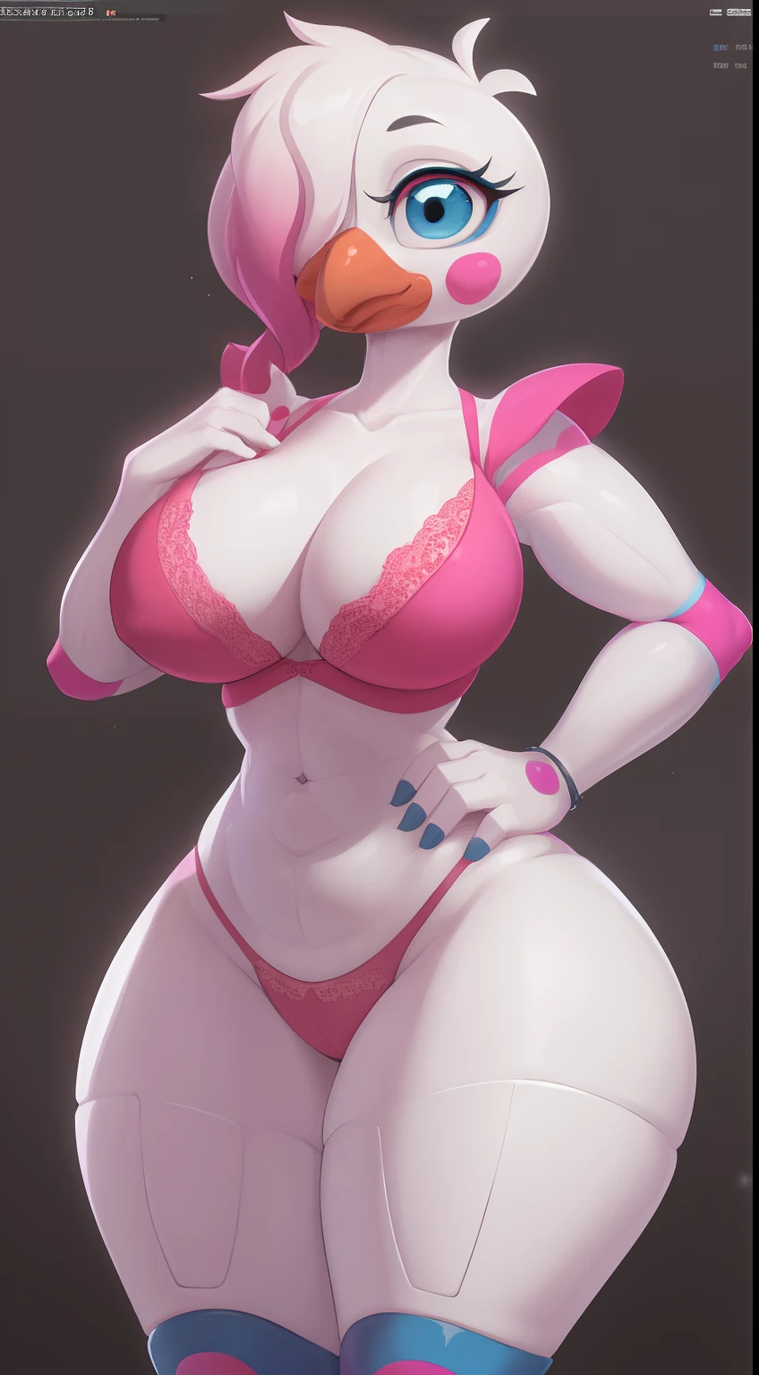 The prompt is: "Euphoria, orange beak, pink lace lingerie, half-closed eyes, blue eyes, heavy black eyelashes, looking at viewer, flirty pose, cleavage, white skin, hair over one eye, evil expression, tall, warm lighting, glossy texture, exaggerated curves, hips swayed to one side."