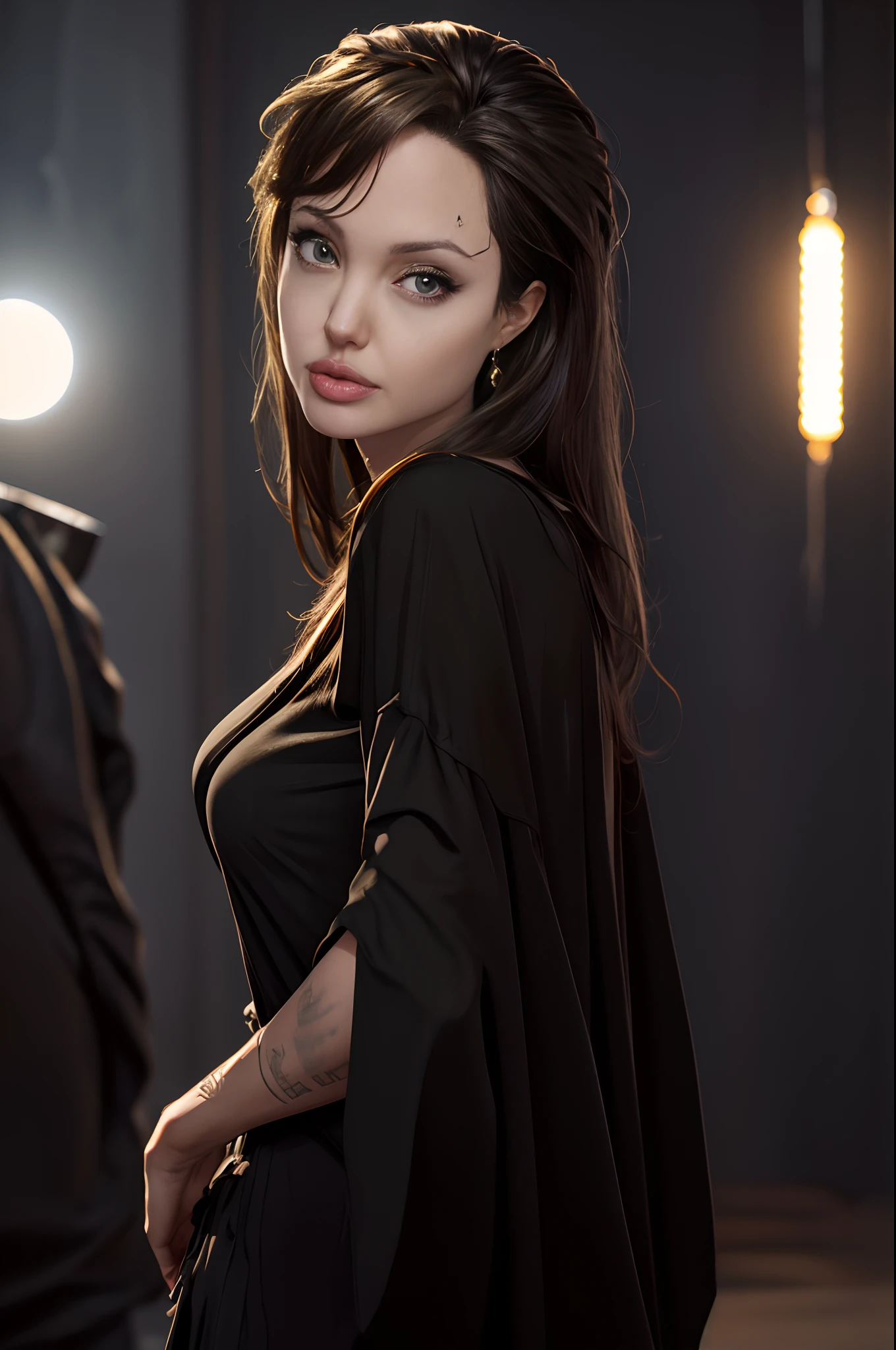 Portrait of Angelina Jolie looking over her shoulder at camera in cinematic lighting