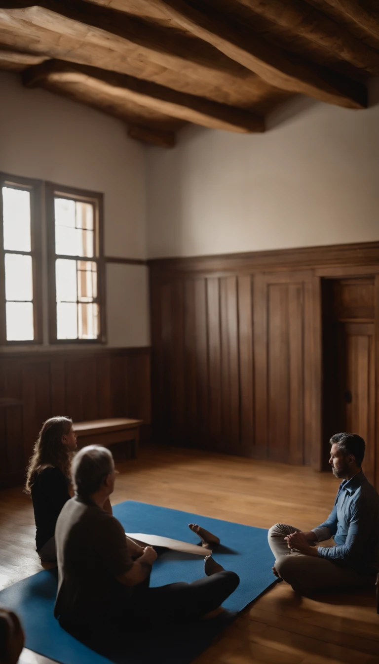 A moving scene of a teacher sharing deep reflection in a wooden room, with a diverse group of listeners sitting in a circle around you, Absorb every word with intense concentration,, Tonos de azul y madera para resaltar el medio ambiente