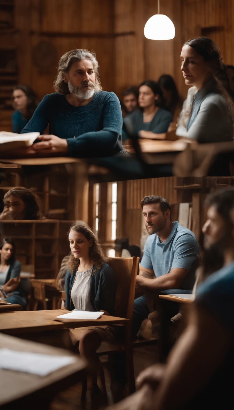 A moving scene of a teacher sharing deep reflection in a wooden room, with a diverse group of listeners sitting in a circle around you, Absorb every word with intense concentration,, Tonos de azul y madera para resaltar el medio ambiente