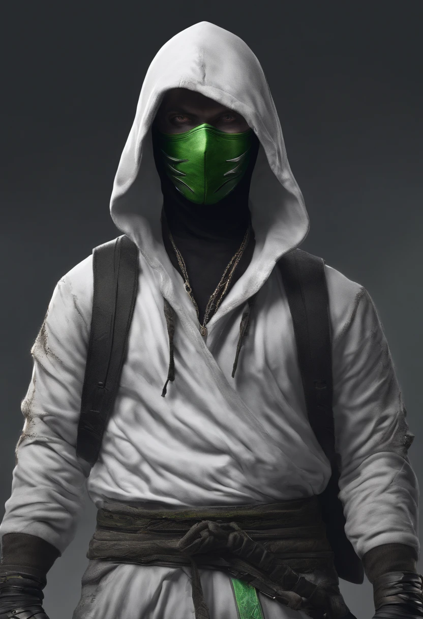 Ninja boy with black hood and black mask with white hair and green eyes