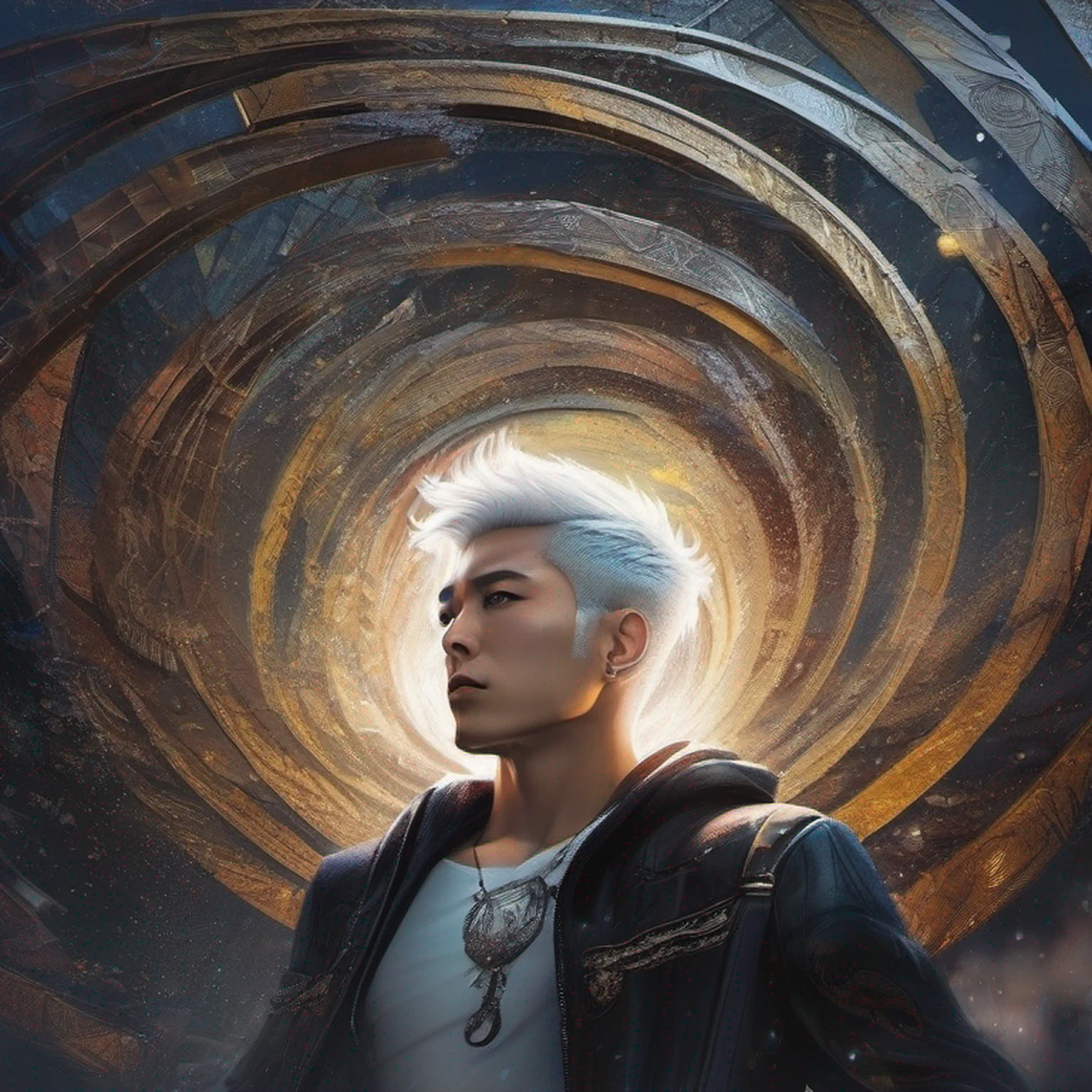 (absurdres, highres, ultra detailed, HDR), masterpiece, best quality, 1man, solo, handsome, short hair, inumaki toge, facial tattoo, white hair, black jacket, jeans, closed mouth, swirl, vortex