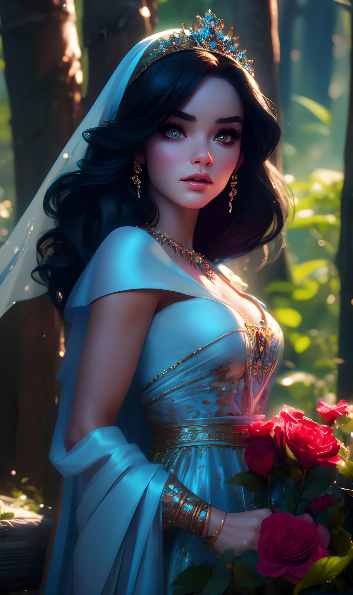 princess Snow White, gorgeous face, girl cute-fine-face, realistic shaded Perfect face, fine details, blue and red dress, enchanted forest in background,  realistic shaded lighting by Ilya Kuvshinov Giuseppe Dangelico Pino and Michael Garmash and Rob Rey, IAMAG premiere, aaaa achievement collection, 8k resolution, artstation, hd, octane render, hyperrealism, fantasy art, hyper detailed, cinema 4d,  hyperrealism, beautiful, radiant, gossamer, ethereal, photorealistic, Disney mythology