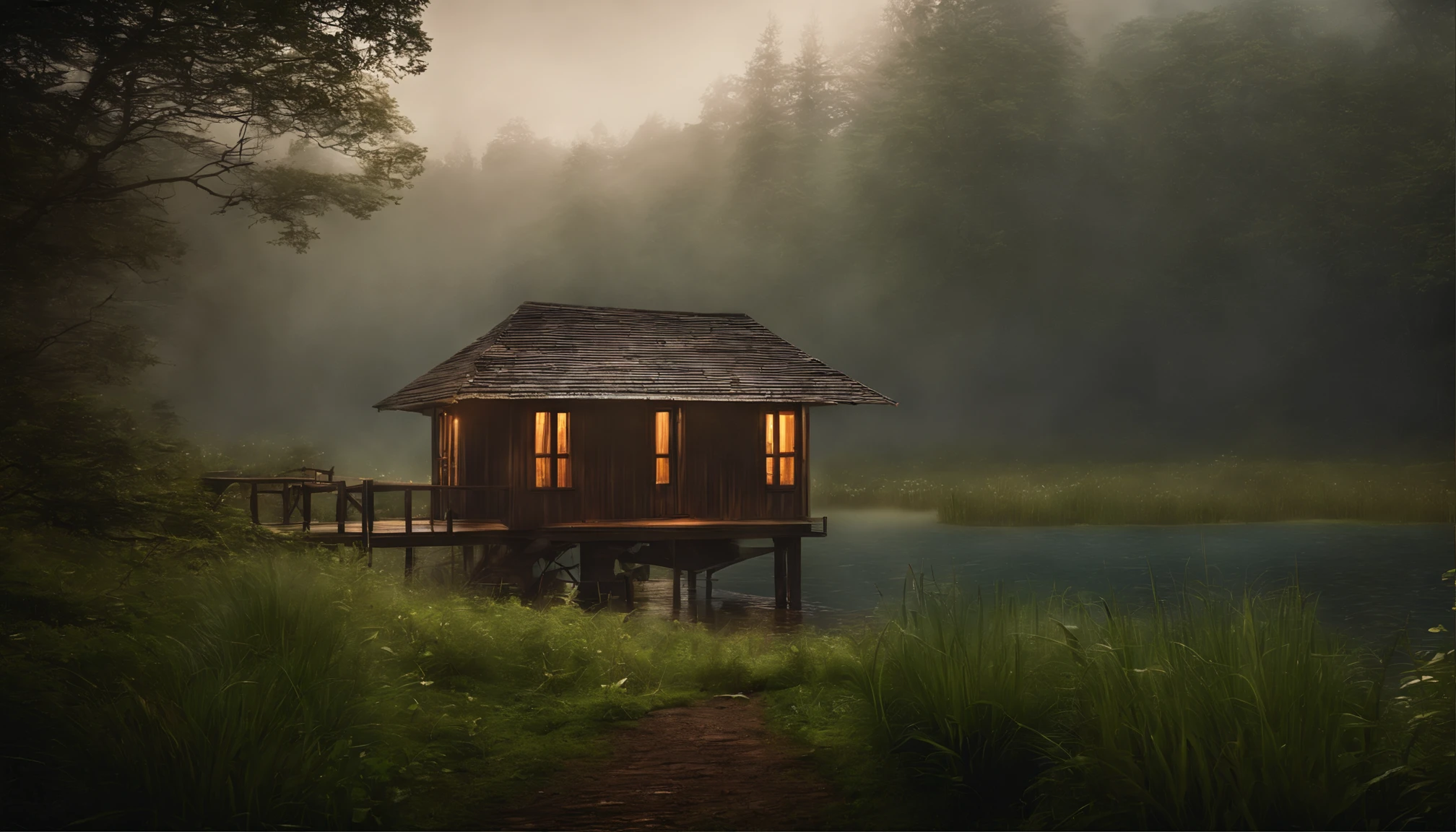 tempestade na floresta com muita neblina, uma cabine com janelas e portas iluminadas pela luz, respingos de chuva no telhado molhado, Wet vegetation, a pond in front of the hut, Realistic, High Definition Cinematic Image