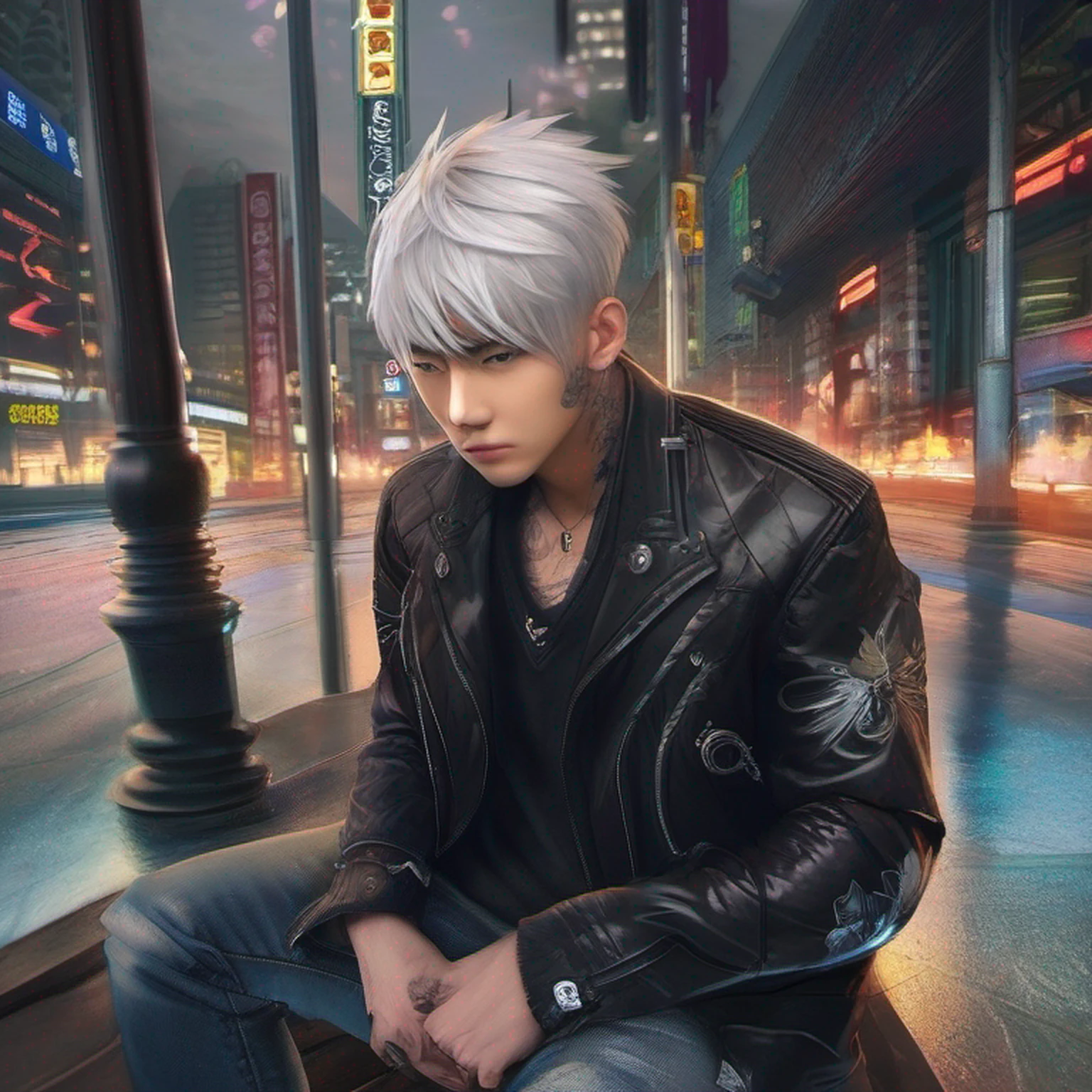 (absurdres, highres, ultra detailed, HDR), masterpiece, best quality, 1man, solo, handsome, short hair, inumaki toge, facial tattoo, white hair, black jacket, jeans, closed mouth, swirl, vortex