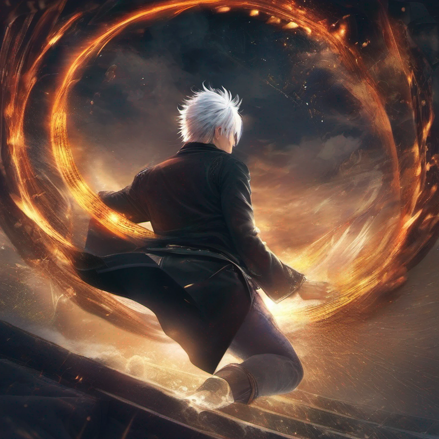 (absurdres, highres, ultra detailed, HDR), masterpiece, best quality, 1man, solo, handsome, short hair, inumaki toge, facial tattoo, white hair, black jacket, jeans, closed mouth, swirl, vortex