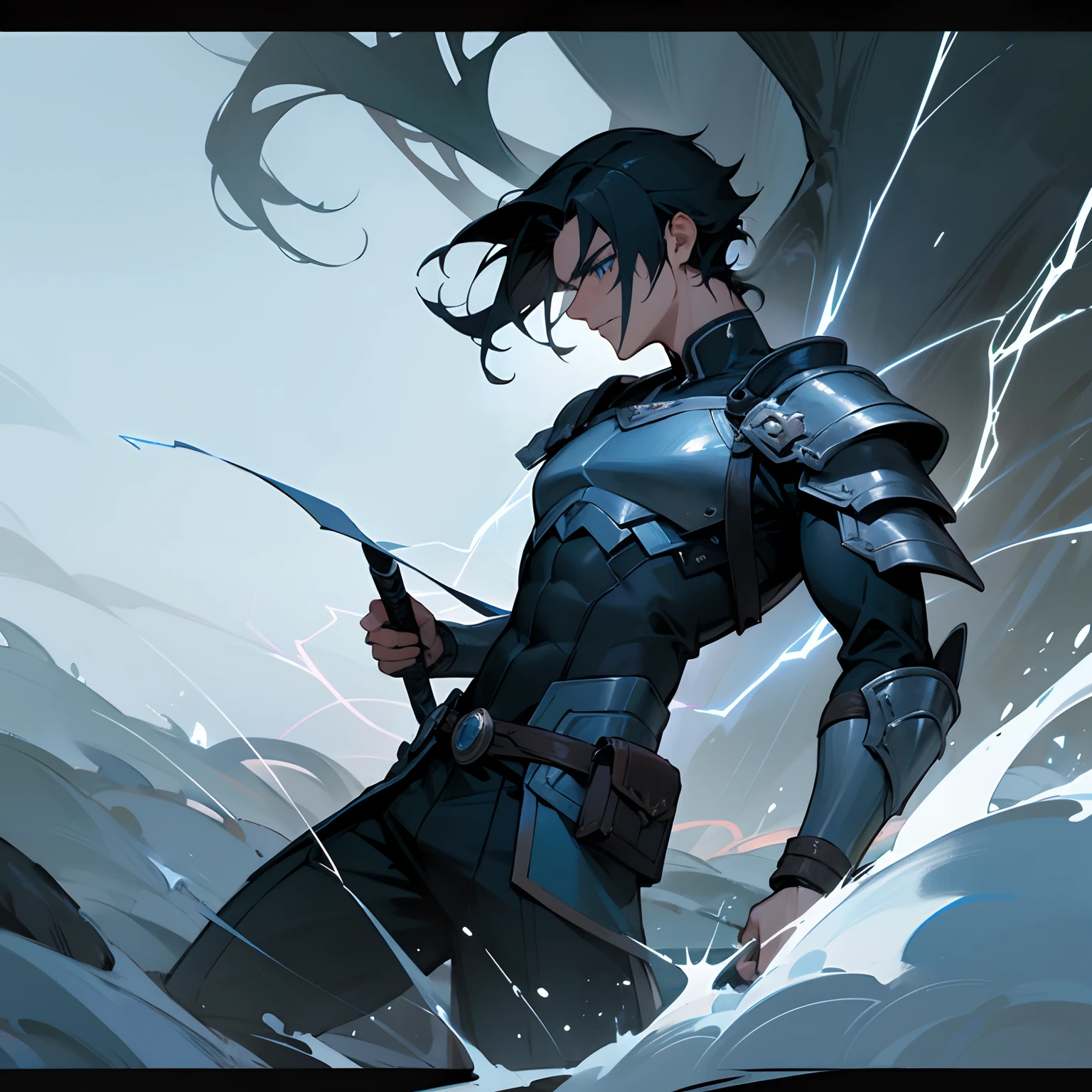 A handsome young man with blue eyes and medium-sized black hair, olhar arrogante, emo, como um corte de cabelo na altura da orelha, corte com cabelo igual ao do Itachi Uchiha, mas com a lateral do cabelo raspada, com um porte fisico muito forte e musculoso, This young man is a warrior, He wears a battle suit and is in the middle of a storm, no topo de uma montanha, Like a Prince of Thunder, the sky lit by lightning in the storm, electricity by his thunder magic body he is like a thunder god: Como Thor, He is a warrior prince, magical dark sky, nuvens negras no meio de uma tempestade, water, Rain and Thunder An Art for an RPG A Medieval Art for an RPG