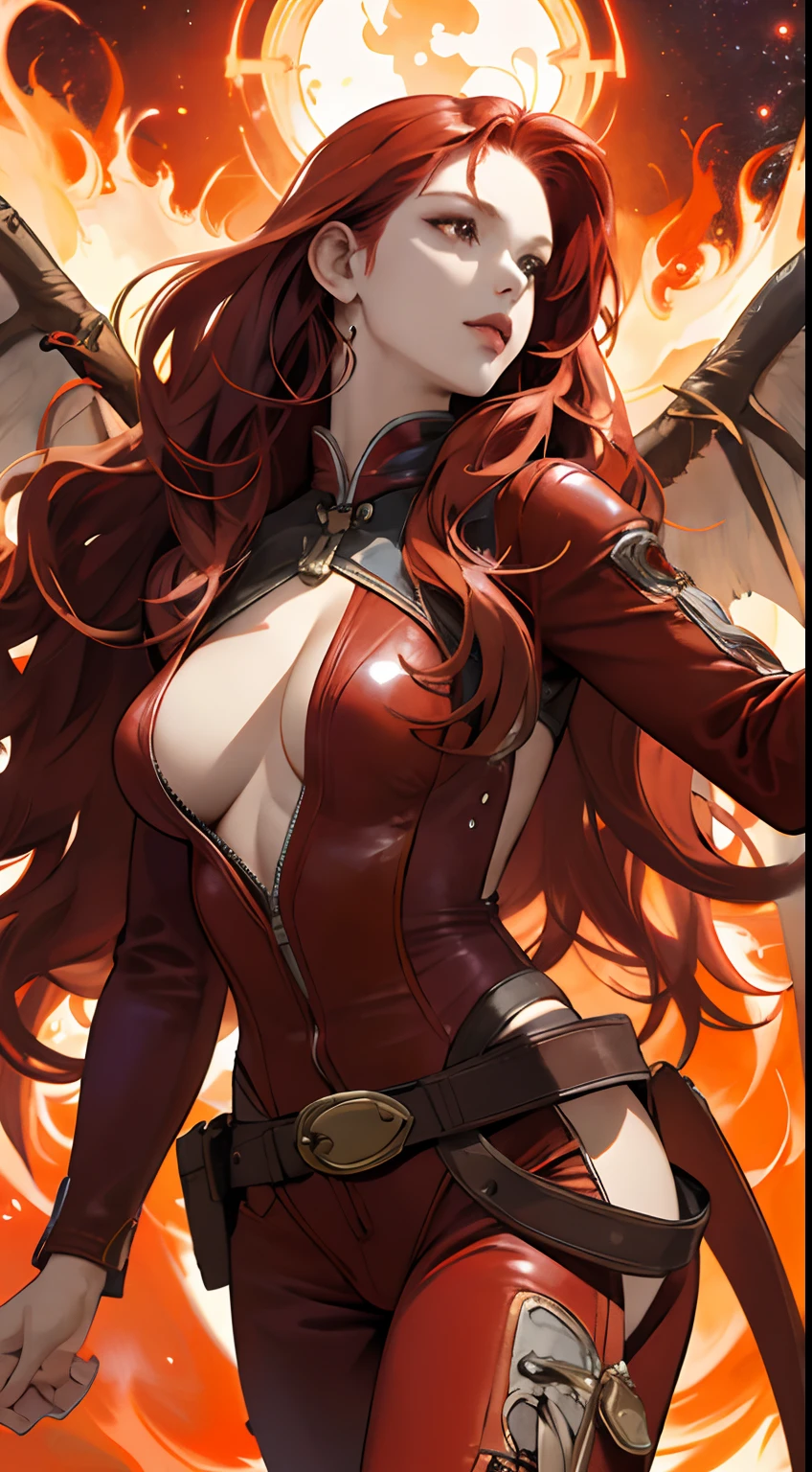 a cool，20th generation female，long red wavy hair，Red leather，body suit，ornamented，a belt，breastsout，glareing，With keen eyes，realistic illustration，loimu，Big Flaming Wings，Cover the sky，Fantastic decoration，full bodyesbian，look up sky，Extend your hand to the sky，It's like dancing in space，（Effect Effects），art by，Fantasia，More realistic CG