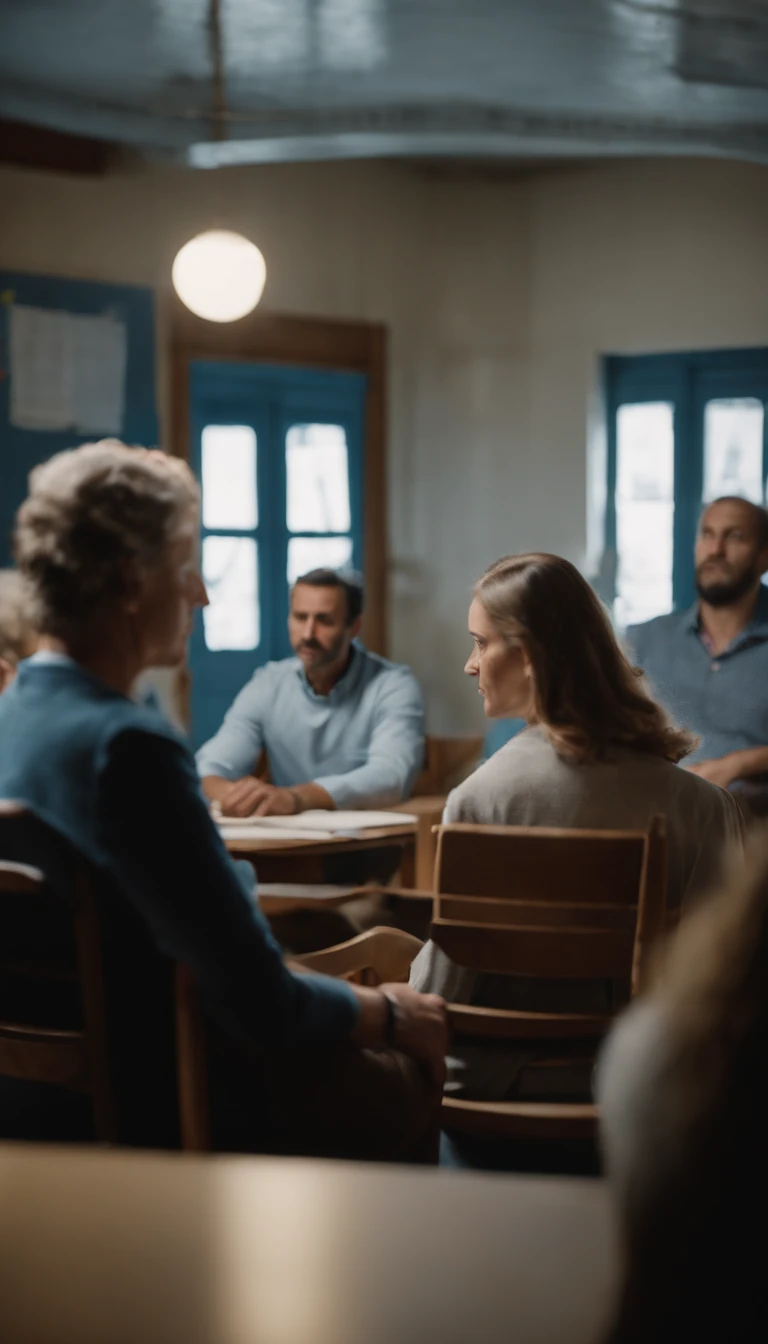 A moving scene of a teacher sharing deep reflection in a room, with a diverse group of listeners sitting in a circle around you, Absorb every word with intense concentration,, Tonos de azul y madera para resaltar el medio ambiente