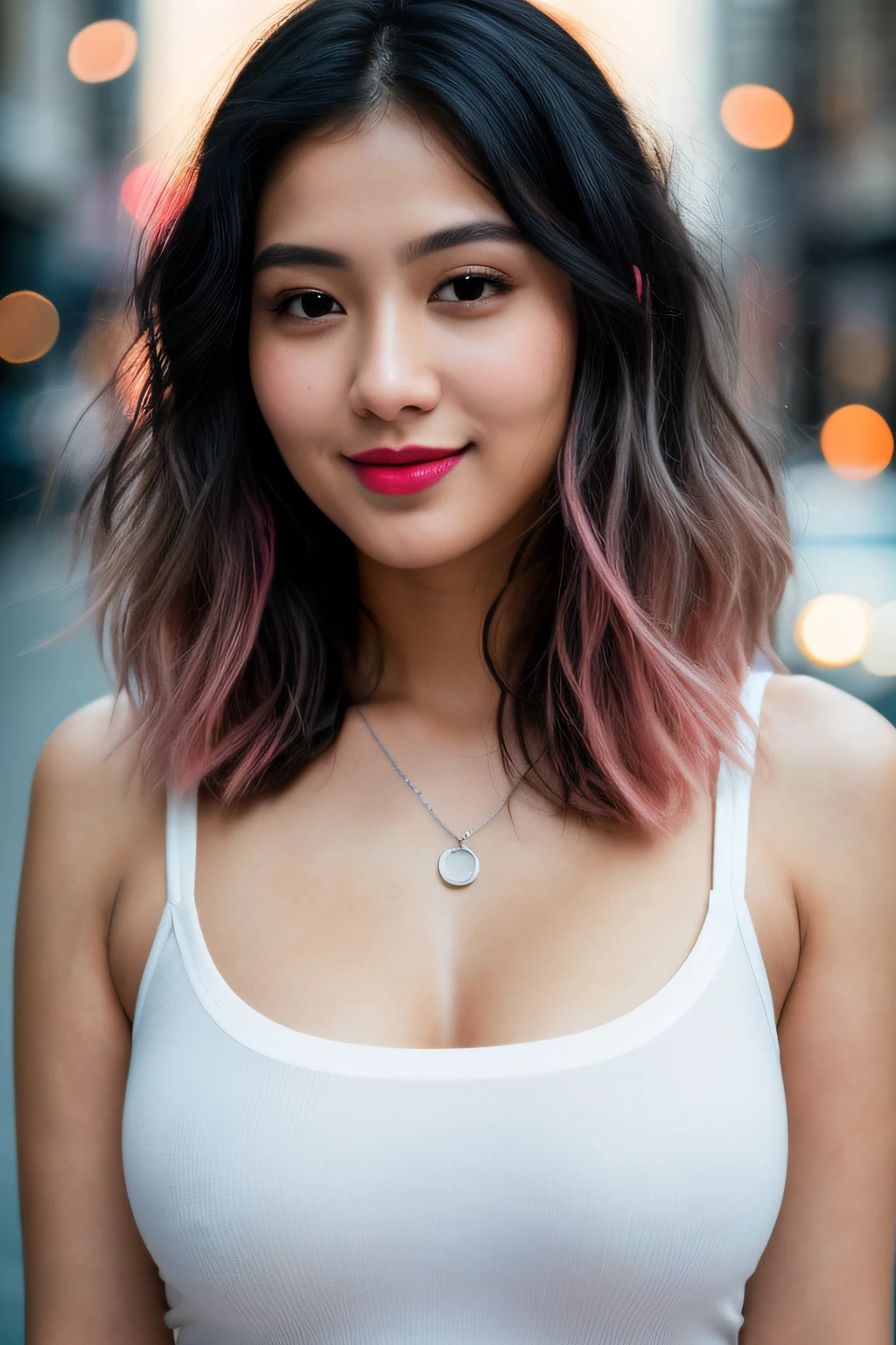 ['art by Ilya Kuvshinov, photograph, medium full shot photo of a Ultrarealistic asian woman wearing a tight half white t-shirt with a medium sized logo of cute pikachu, blue jeans], ((nightlife rgb lightings)), ((cuteness overloaded)),( an excited smile), oval face shape,  mix4,(8k, RAW photo, best quality, masterpiece:1.2), (realistic, photo-realistic:1.37),(( best makeup, proffestional model looking cosmetics, pink lipstick)), (jewellery: a light platinum locket), ( accessories; a premium silver chain circle watch), fair face tone look, age 22 years old, bell-rounded boobs, 1girl,cute, seoul city street midnight, red and blue lights, night, proffestional lighting conditions, wet, professional lighting, photon mapping, radiosity, physically-based rendering,, gradient black colour hair, dark black hair with brown shades, mid-sized curly cum wavy hair, middle layer haircut, handsome, beautiful, girl, top quality picture, high resolution, 4k, (clear face), (detailed facial description), (detailed hand description with five fingers), (masterpiece), (exquisite CG), extreme light and shadow, messy hair, master's work, rich details, (fine facial features), (highest quality picture), (masterpiece), (detailed eyes),Look ahead with your eyes,Fine collarbone