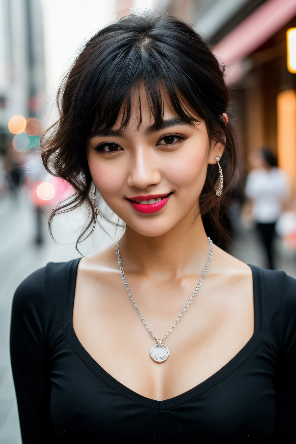 ['art by Ilya Kuvshinov, photograph, medium full shot photo of a Ultrarealistic asian woman wearing a tight half white t-shirt with a medium sized logo of cute pikachu, blue jeans], ((cuteness overloaded)),( an excited smile), mix4,(8k, RAW photo, best quality, masterpiece:1.2), (realistic, photo-realistic:1.37),(( best makeup, proffestional model looking cosmetics, pink lipstick)), (jewellery: a light platinum locket), ( accessories; a premium silver chain circle watch), fair face tone look, age 22 years old, bell-rounded boobs, 1girl,cute, seoul city street midnight, red and blue lights, night, proffestional lighting conditions, wet, professional lighting, photon mapping, radiosity, physically-based rendering,, gradient black colour hair, dark black hair with brown shades, mid-sized curly cum wavy hair, middle layer haircut, handsome, beautiful, girl, top quality picture, high resolution, 4k, (clear face), (detailed facial description), (detailed hand description with five fingers), (masterpiece), (exquisite CG), extreme light and shadow, messy hair, master's work, rich details, (fine facial features), (highest quality picture), (masterpiece), (detailed eyes),Look ahead with your eyes,Fine collarbone