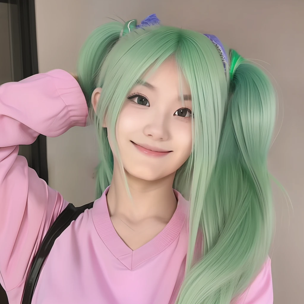 light green hair, twintails, playing with hair, touching hair, messing with hair, hands running through hair, hand on hair, adult, hand reinforcement, smiling