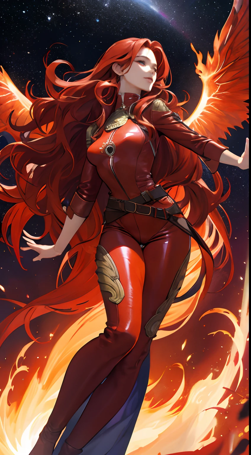 a cool，20th generation female，long red wavy hair，Red leather，body suit，ornamented，a belt，breastsout，glareing，With keen eyes，realistic illustration，loimu，Big Flaming Wings，Cover the sky，Fantastic decoration，full body Esbian，look up sky，Reach for the sky，It's like dancing in space，（Effect Effects），art by，Fantasia，More realistic CG