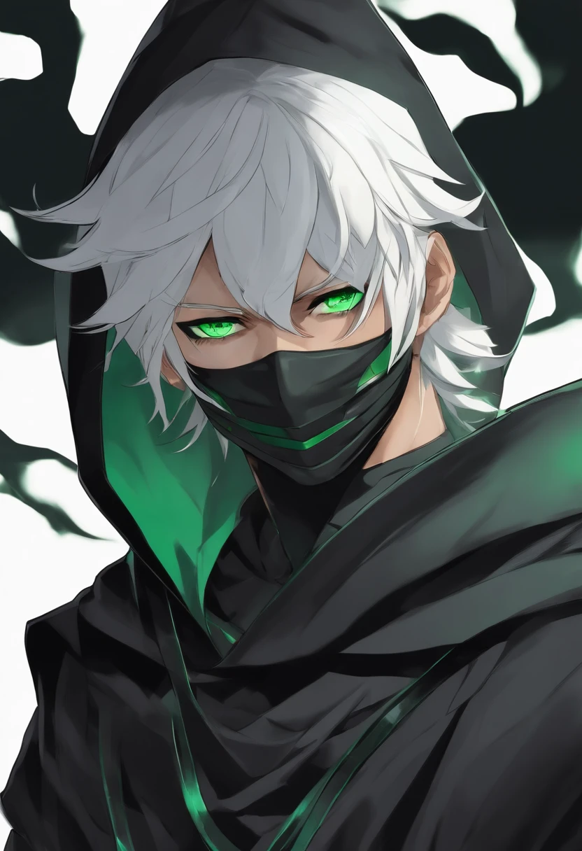 Anime Ninja boy with black hood and black mouth mask with white hair and green eyes