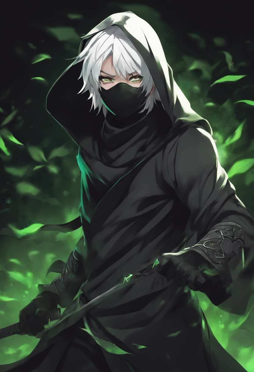 Anime Ninja boy with black hood and black mouth mask with white hair and green eyes