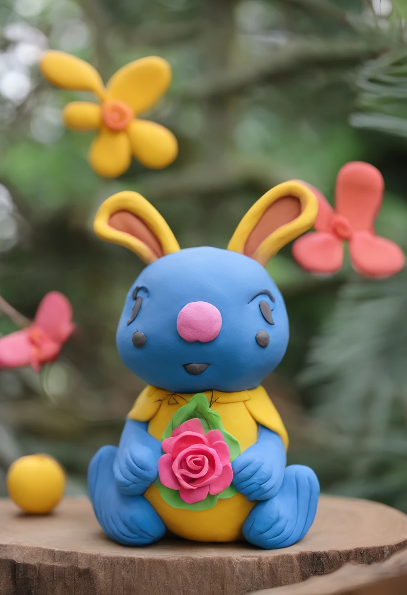 coelho gigante azul com olhos amarelos e peludo com orelhas rosas e nariz marrom na floresta