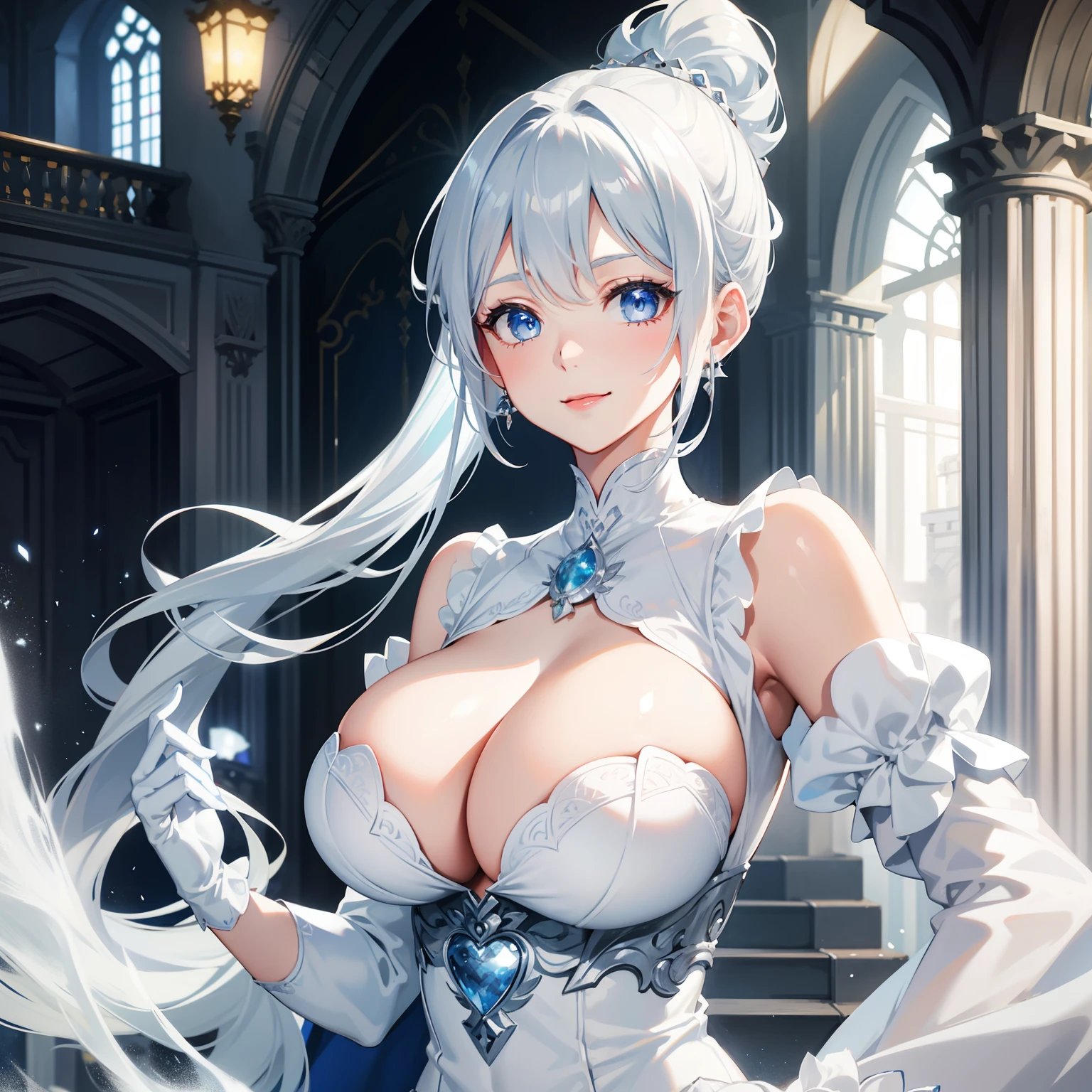Silver hair, ponytail hair, light blue eyes, royal girl, cute girl, (big tits), smile, lipstick, white beautiful dress, baleautiful gloves, royal dress, upperbody, at castle, cool face