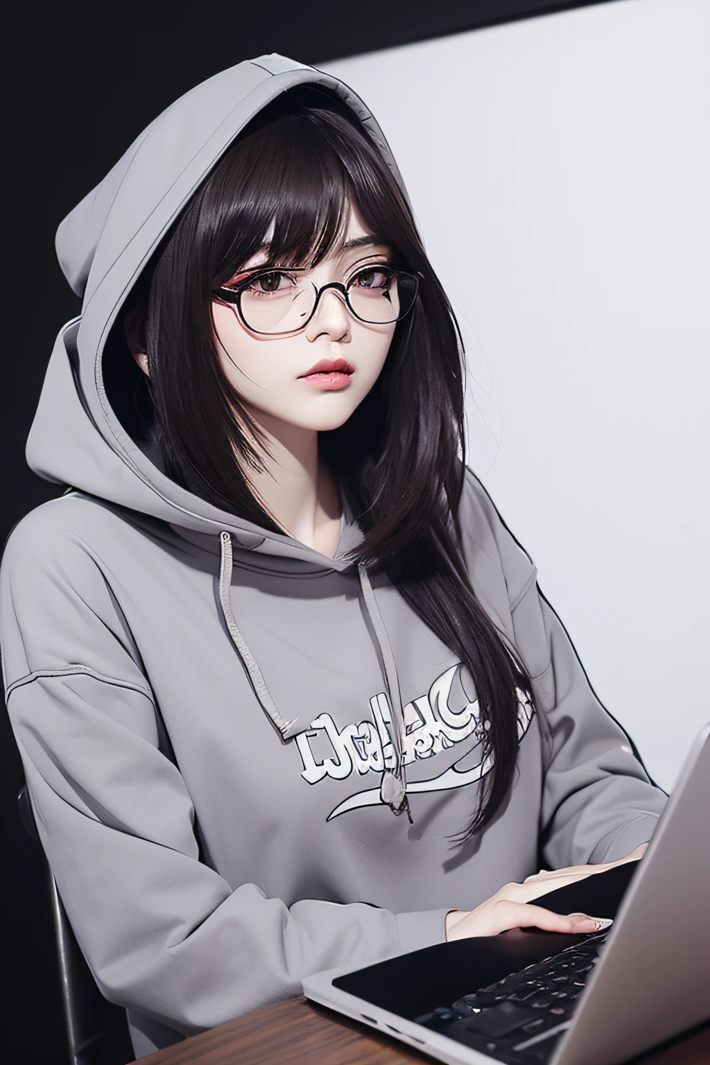 there is a sexy and beautiful woman with glasses looking with focus in a apple macbook  air laptop, looking focused into the laptop, artwork in the style of guweiz, guweiz, girl wearing grey hoodie, high quality portrait, cyberpunk anime girl in hoodie, realistic cute girl painting, age 22 years old, slim girl, cuteness overloaded, realistic anime 3 d style, realistic anime artstyle, with glasses, plugged a white earphone, realistic artstyle, korean girl, realistic anime art style, realistic art style