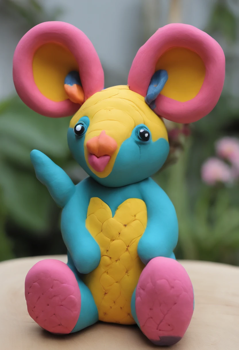 coelho gigante azul com olhos amarelos e peludo com orelhas rosas e nariz marrom na floresta