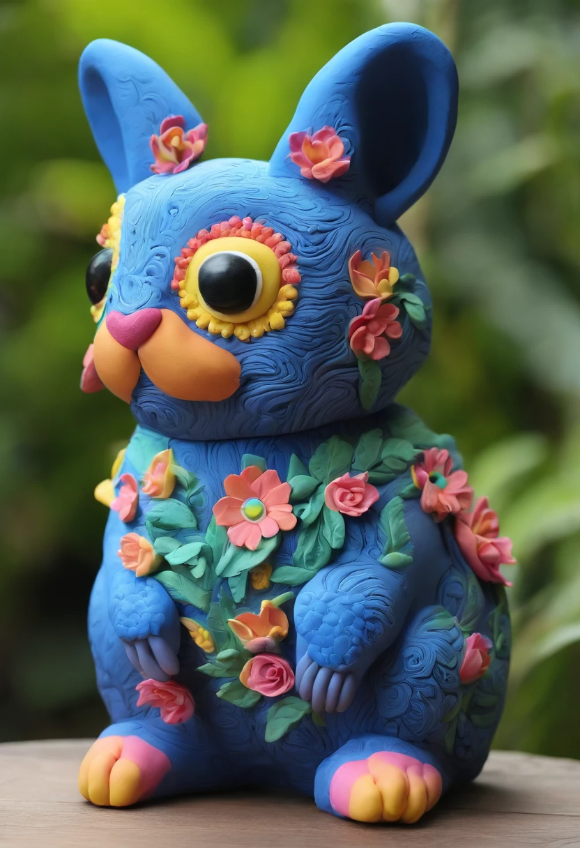 coelho gigante azul com olhos amarelos e peludo com orelhas rosas e nariz marrom na floresta