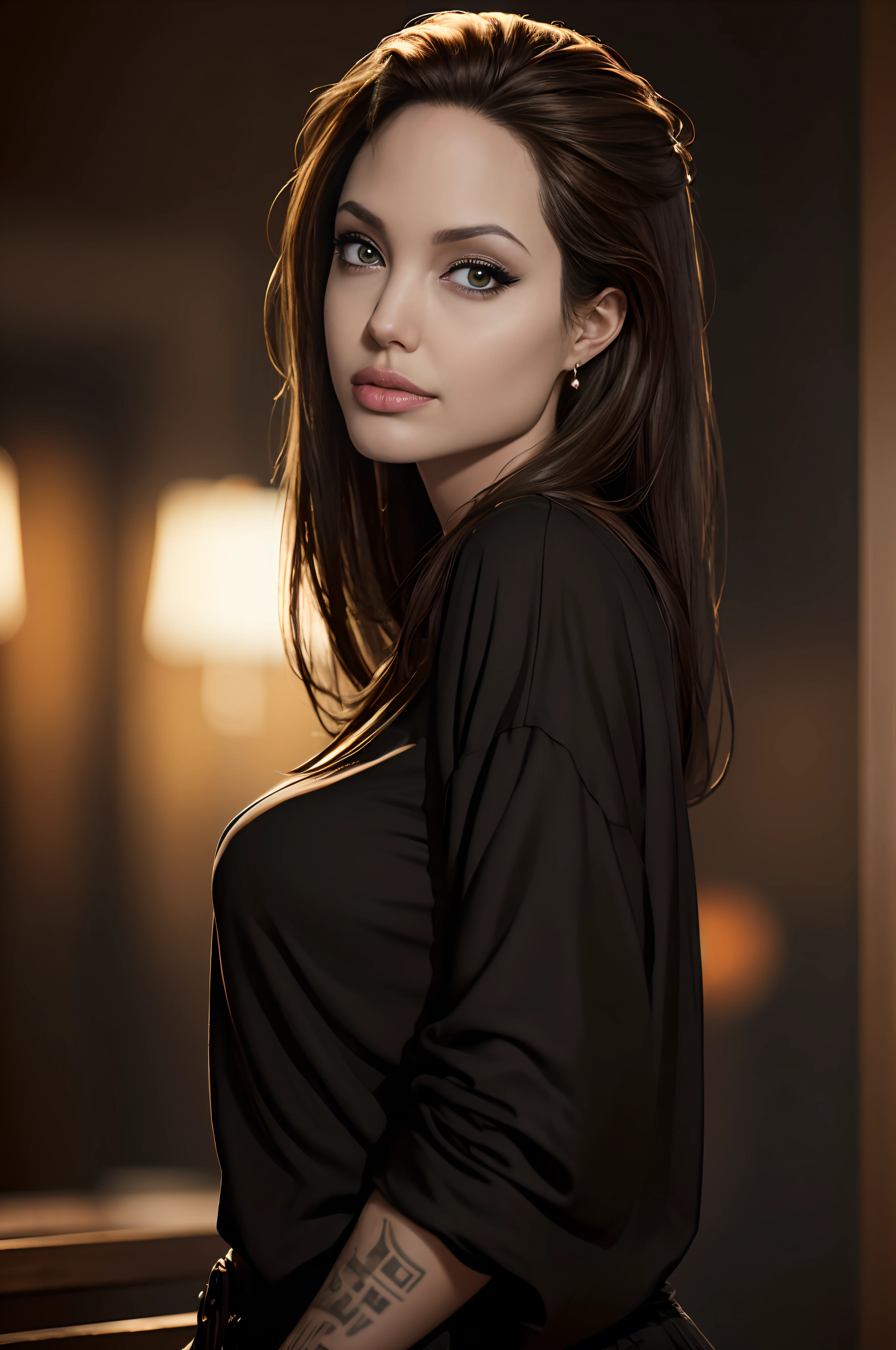 (best quality,4k,8k,highres,masterpiece:1.2),ultra-detailed,(realistic,photorealistic,photo-realistic:1.37),portrait of Angelina Jolie,gazing at camera,looking over her shoulder,cinematic lighting,vibrant colors,dramatic atmosphere,celebrity,glamorous,fashionable,red carpet,event,beautiful detailed eyes,beautiful detailed lips,expressive facial expression,silk dress,wind blowing her hair,golden earrings,impeccable makeup,confidence,powerful presence,emotional intensity,close-up shot,professional photographer,high fashion styling,couture,high-angle shot,graceful posture,beauty,item presence,exclusive,modern,stylish setting,captivating,eye-catching,artistic style,alluring,mesmerizing,high contrast,sleek,highly detailed features,luxurious background,refined,elaborate composition,classic yet contemporary,subtle chiaroscuro,soft shadows,depth and dimension,popular icon,leading lady