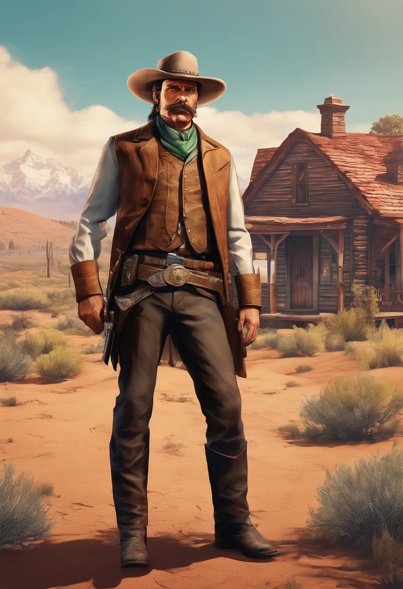 Full body picture of sheriff Curtis Malloy from Red Dead Redemption 2, detailed portrait, vintage illustration, high-res, realistic colors, intricate drawing, vibrant colors, dramatic lighting, full body shot, Nevada hat, nothing but mustache, full body from feet to top. a American eastern 1899 town background, with grass and trees,cigarette card