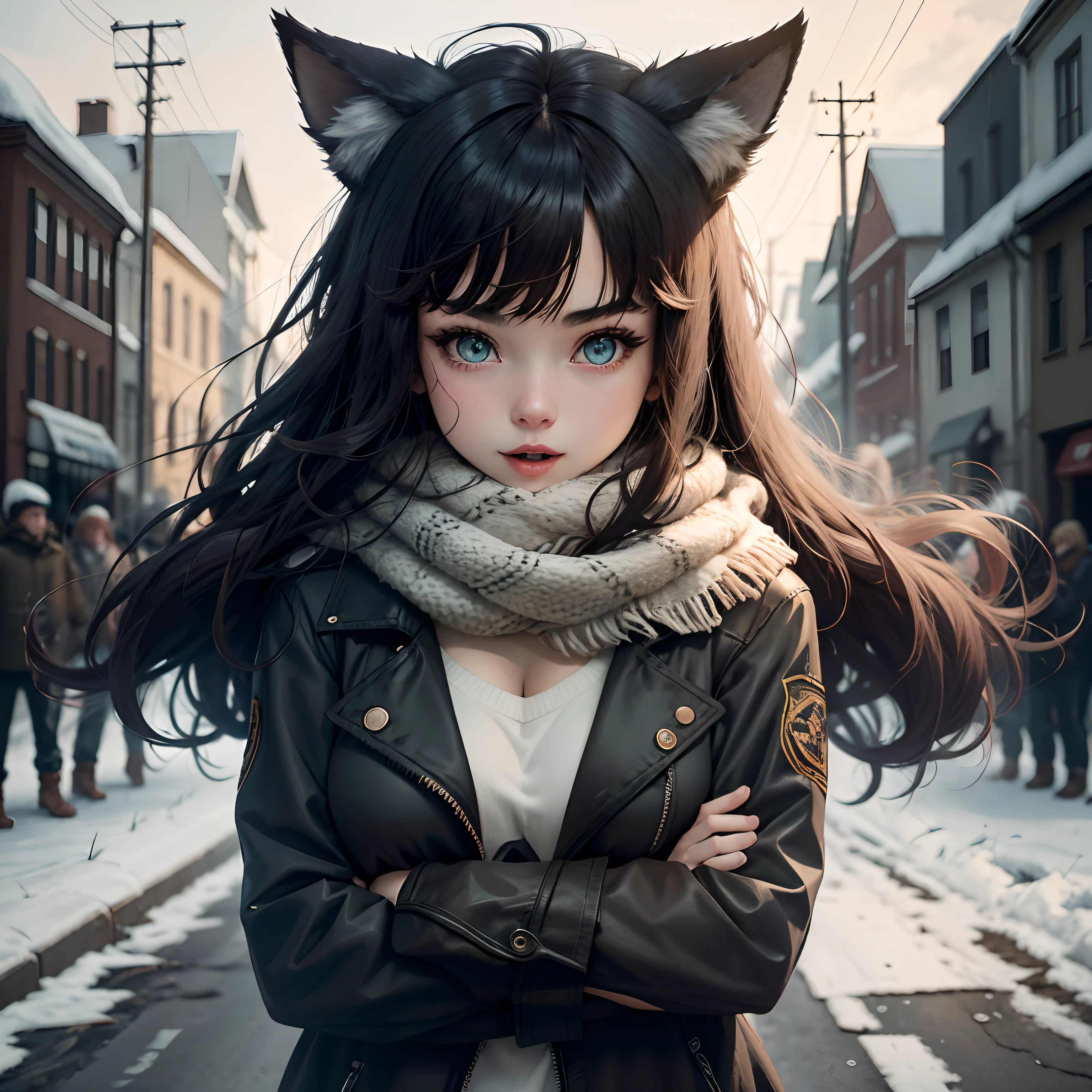 1girl, animal ear fluff, animal ears, aqua eyes, bangs, black coat, breasts, buttons, coat, crossed arms, fox ears, fox girl, highres, large breasts, long hair, looking at viewer, open mouth, partially unbuttoned, road, scarf, shirt, short eyebrows, smile, solo, standing, street, tail, thick eyebrows, upper body, white shirt, from below