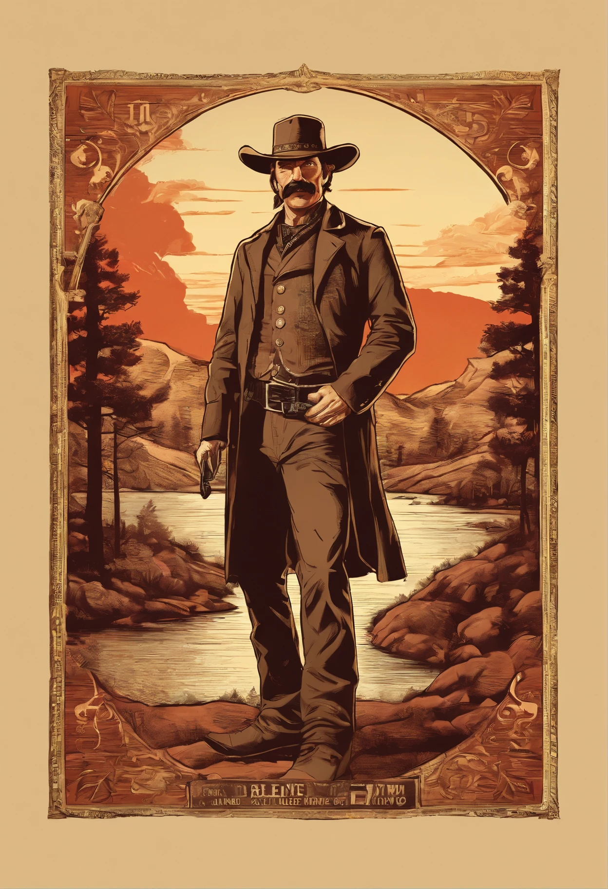 Full body picture of sheriff Curtis Malloy from Red Dead Redemption 2, detailed portrait, vintage illustration, high-res, realistic colors, intricate drawing, vibrant colors, dramatic lighting, full body shot, Nevada hat, nothing but mustache, full body from feet to top. a American eastern 1899 town background, with grass and trees,cigarette card