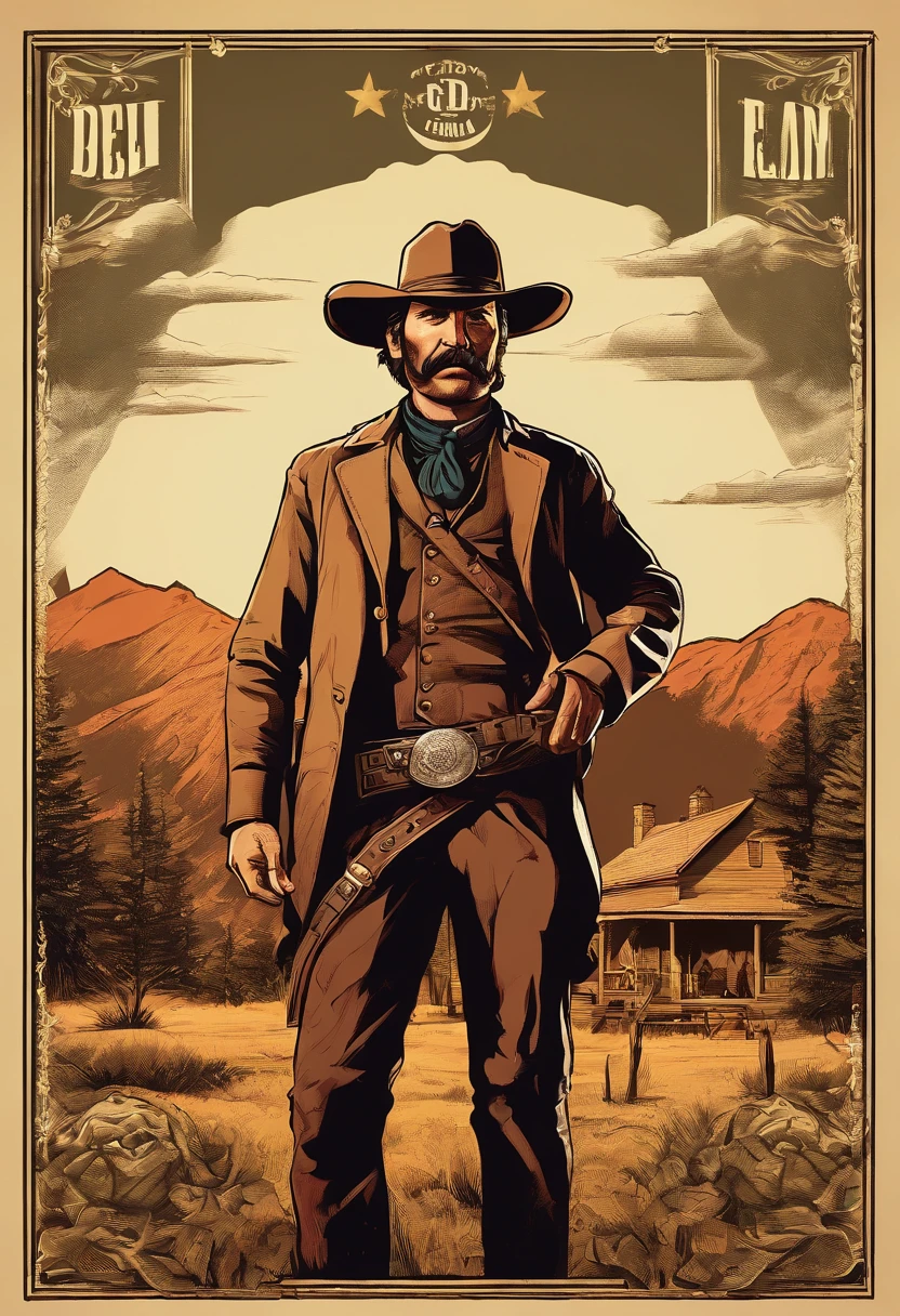 Full body picture of sheriff Curtis Malloy from Red Dead Redemption 2, detailed portrait, vintage illustration, high-res, realistic colors, intricate drawing, vibrant colors, dramatic lighting, full body shot, Nevada hat, nothing but mustache, full body from feet to top. a American eastern 1899 town background, with grass and trees,cigarette card