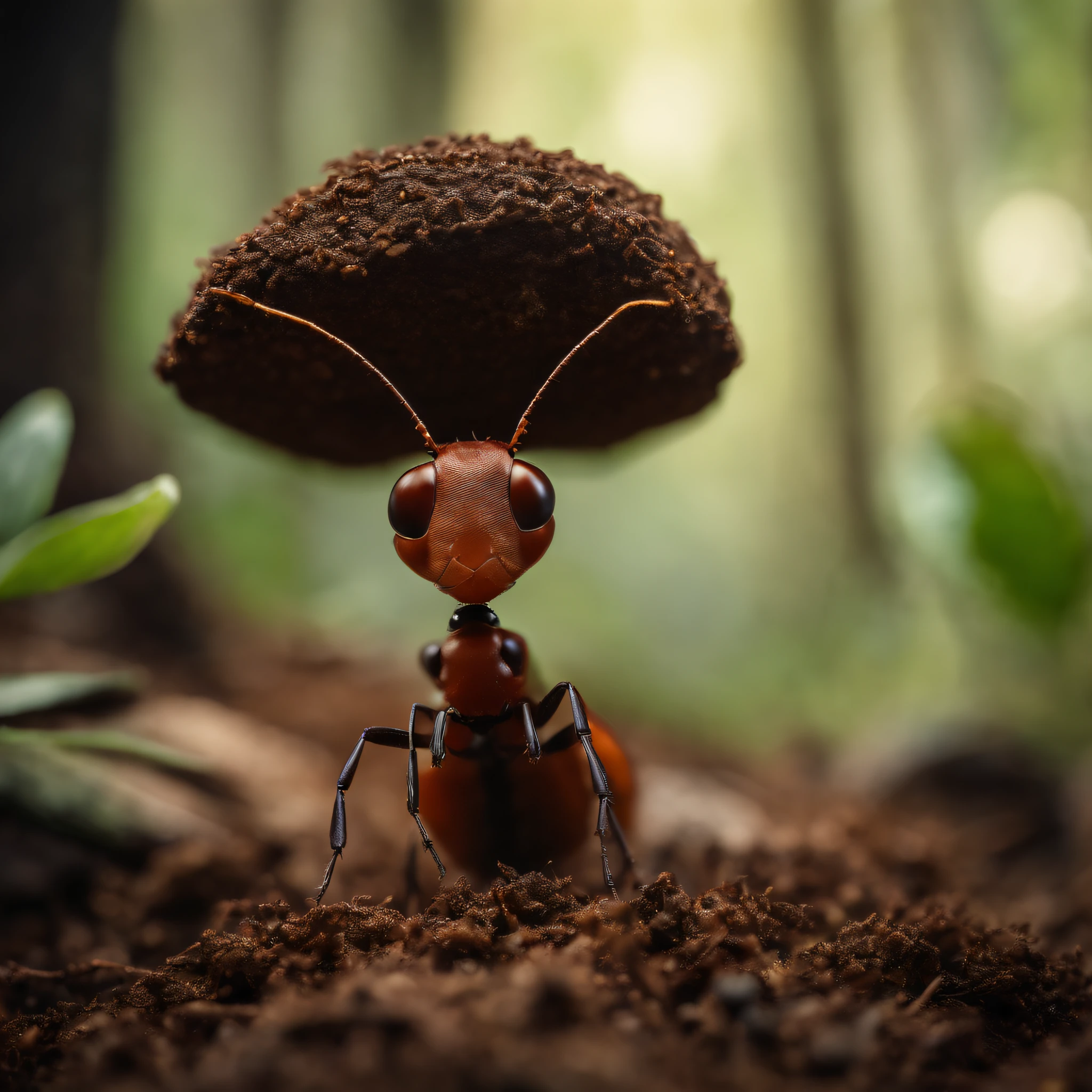 Ant standing in an anthill in the forest.(Formiga)(pedra) with a stone on his head.
