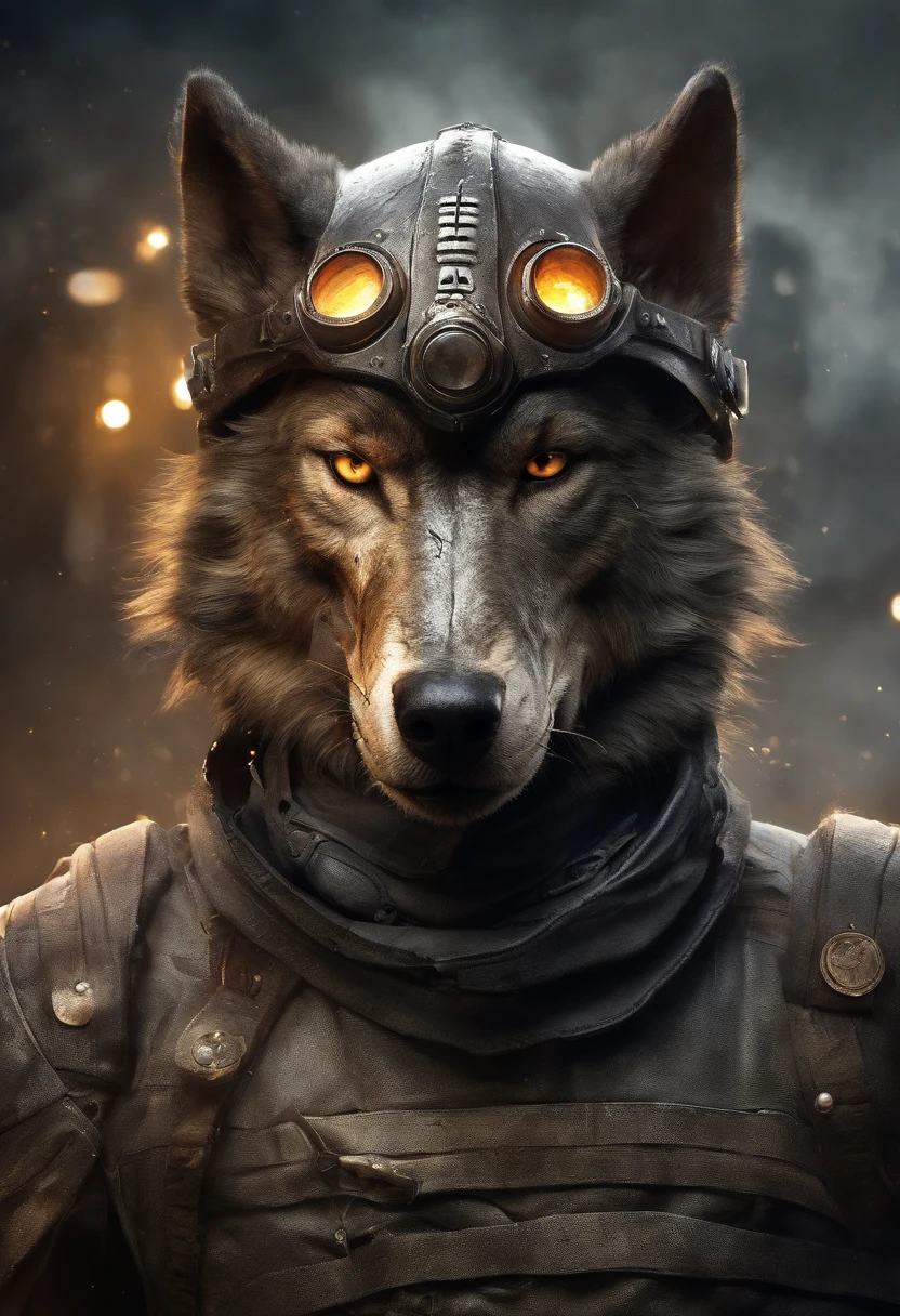 maximum quality, dramatic lighting, menacing pose, fierce expression, epic atmosphere, (((wolf head shaped helmet))), (((tiro de corpo inteiro))),um lobo feito de metal, ciborgue, estilo cyberpunk, mechnical, ((detalhes intrincados)), HDR, ((detalhes intrincados, hiperdetalhado)), incandescent bulbs, Cinematic Shot, vinheta, bokeh efeito beckground, (Caninos), (tiro de corpo inteiro).