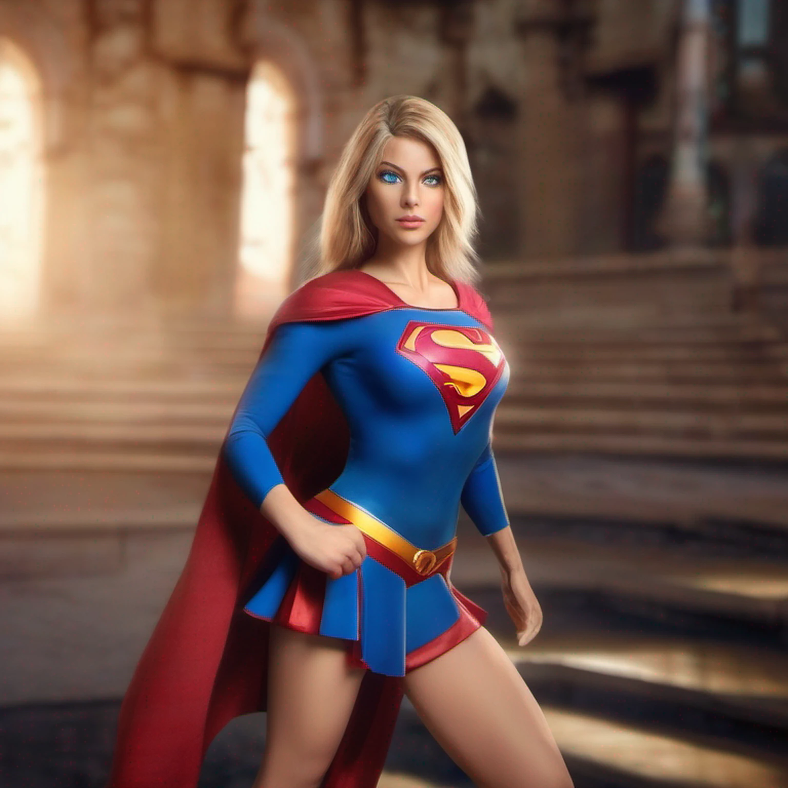Supergirl, olhos azuis, blonde hair, cabelos longos, cabo, Superheroíne, saia, Botas, (blonde girl:1.5), (breast focus:1.2), (Realistic:1.2), (distant view: 1.2), (realismo:1.2), (master part:1.2), (melhor qualidade), (ultra detalhado), (8k, intrincado), (corpo inteiro:1.5), (85 millimeters), light particles, The lighting, (altamente detalhado:1.2), (Rosto detalhado:1.5), (Gradientes), SFW, colorido, (Olhos detalhados:1.5), (Antecedentes detalhados), (Dynamic angle:1.2), (dynamic pose:1.2), (regra de terceiro_compositing:1.3), (action line:1.2), tiro largo, luz do dia, sozinho.