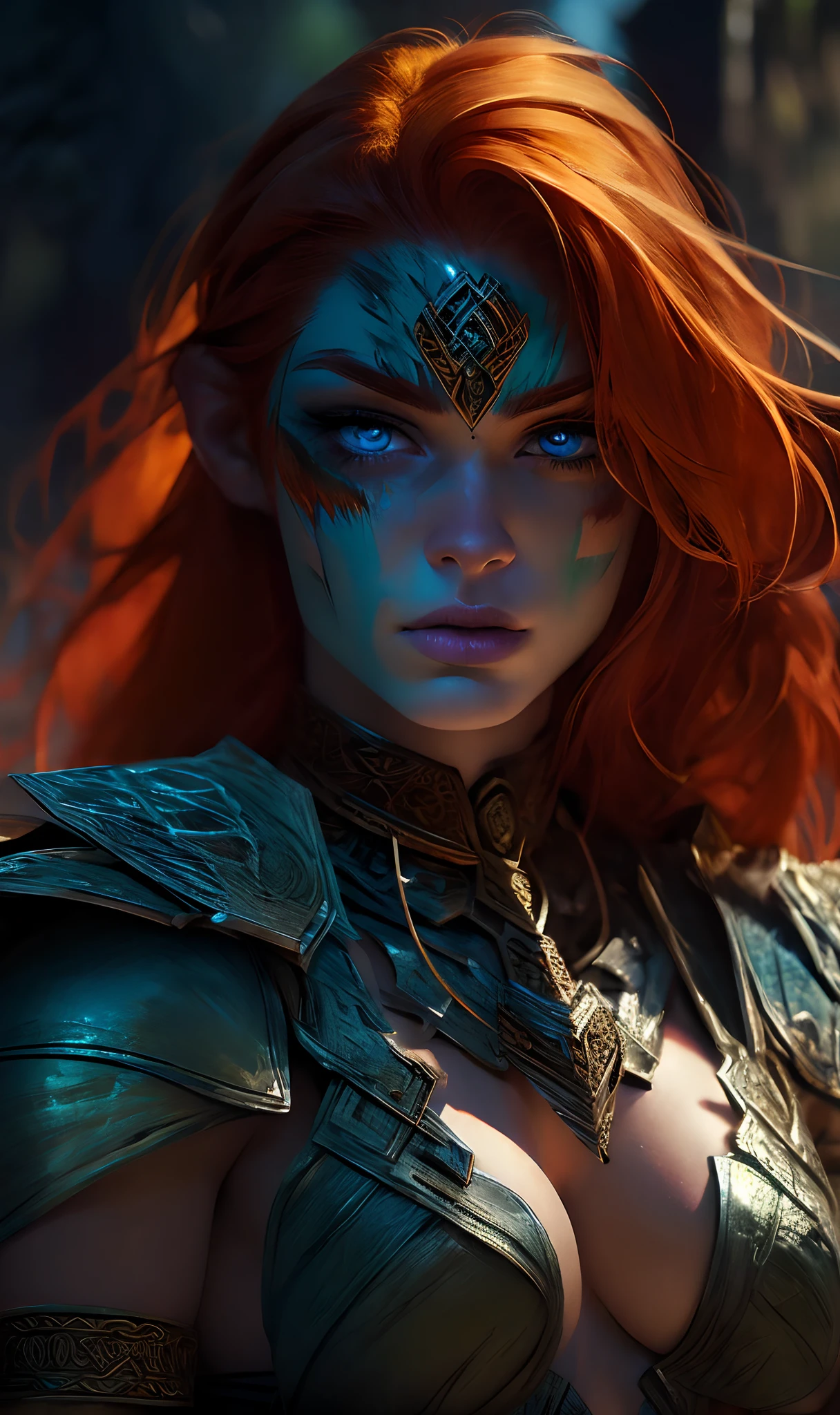 Rule of thirds, An extremely Beautiful Woman, pale skin, ((ginger-hair)), Celtic Warrior, weathered Runic face-paint, ice, gritty sharp focus, intricate, digital painting, highly detailed, high detailed face, soft lighting, vibrant colors, masterpiece