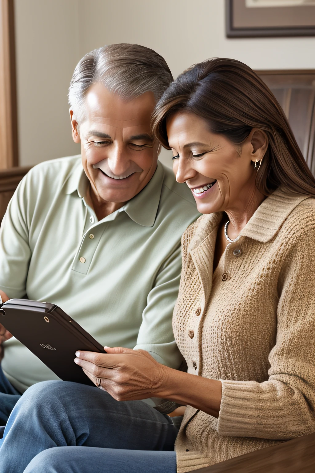 50 year old couple, smiling, brown hair, reading on a kindle, iphone camera, 8k, photo realistic