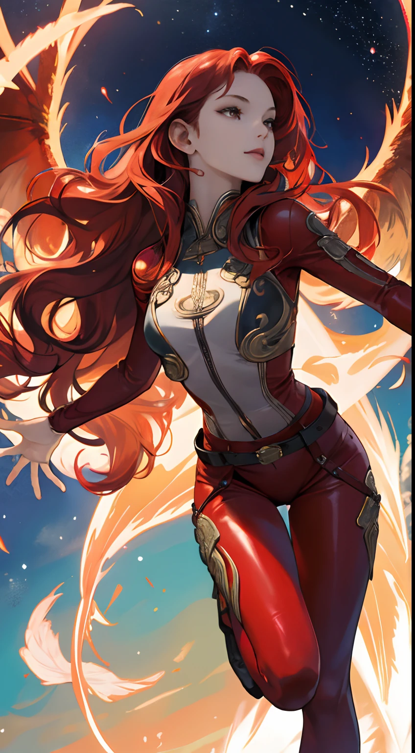 Beautuful Women，a cool，20th generation female，long red wavy hair，Red leather，body suit，heel，ornamented，a belt，breastsout，glareing，With keen eyes，realistic illustration，loimu，Big Flaming Wings，loimu，wingspan，Angelic，Cover the sky，wingspan，plural，Fantastic decoration，full body Esbian，look up sky，Reach for the sky，It's like dancing in space，（Effect Effects），art by，Fantasia，Beautuful Women，