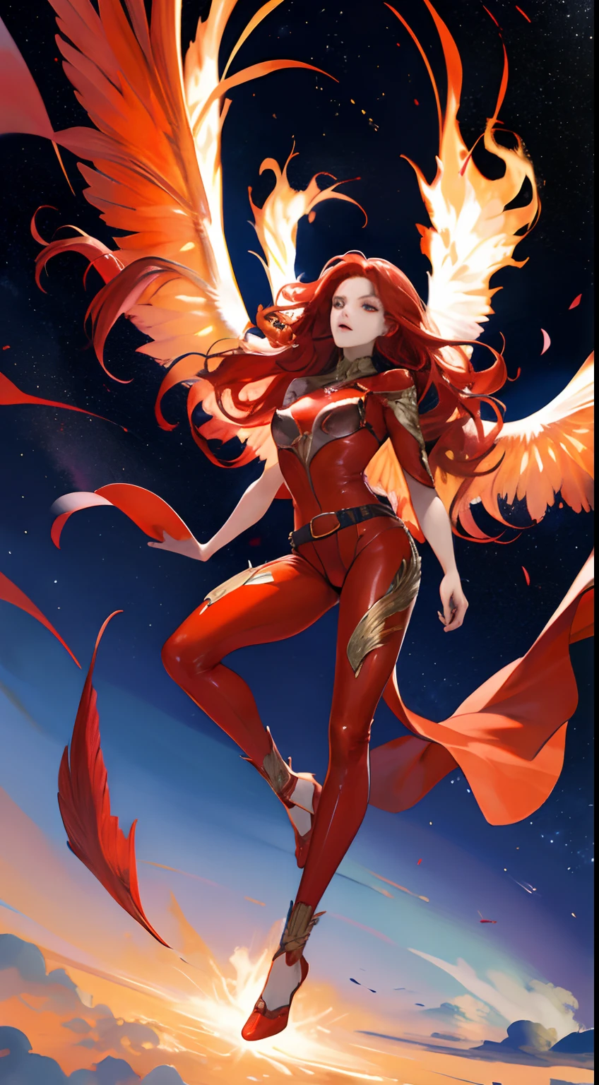 Beautuful Women,a cool,20th generation female,long red wavy hair,Red leather,body suit,heel,ornamented,a belt,breastsout,glareing,With keen eyes,realistic illustration,loimu,Big Flaming Wings,loimu,wingspan,Angelic,Cover the sky,wingspan,plural,Fantastic decoration,full body Esbian,look up sky,Reach for the sky,It's like dancing in space,(Effect Effects),art by,Fantasia,Beautuful Women,