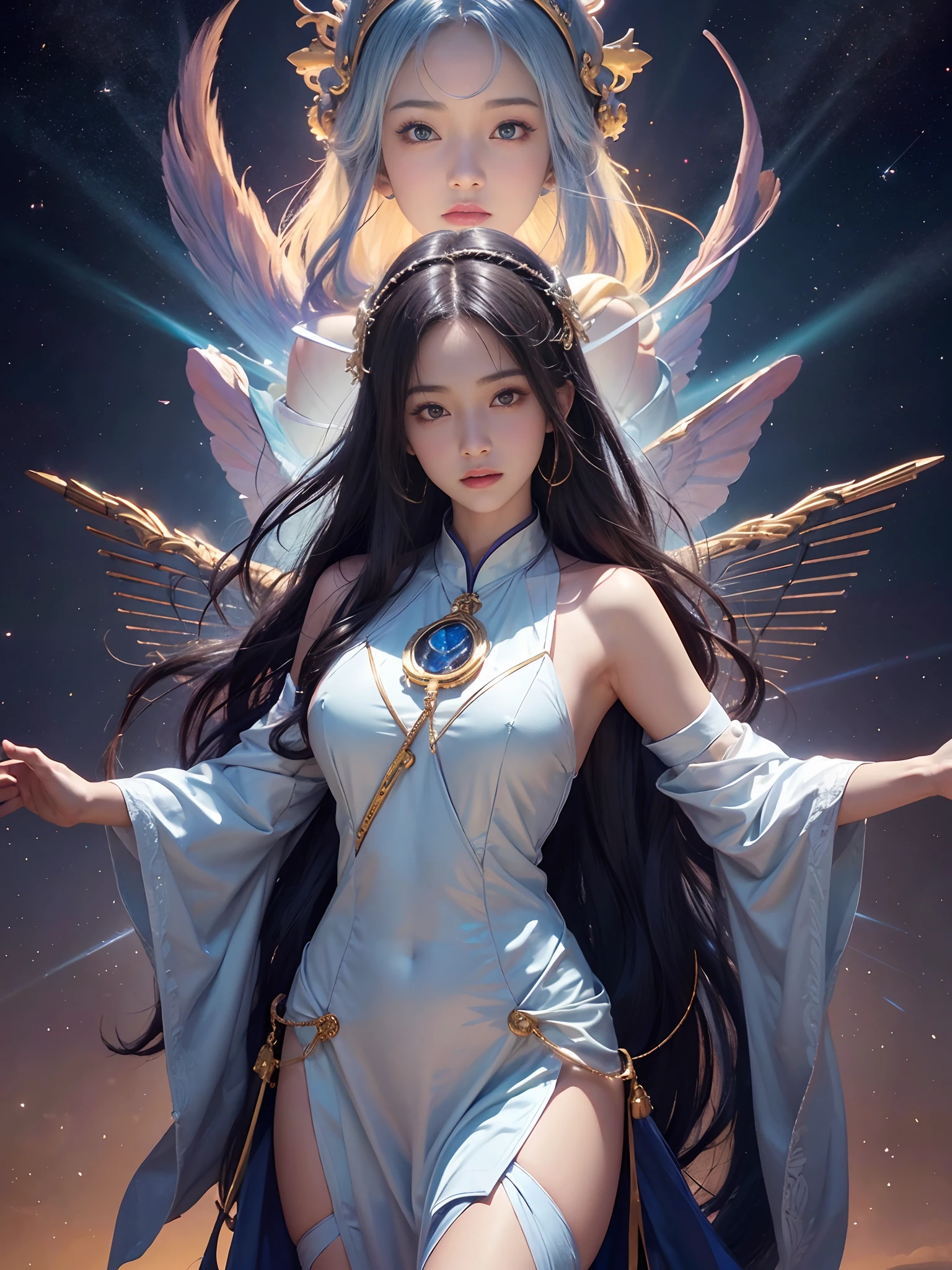 (((nffsw))), (((masutepiece))), (((8K))), (((hight resolution))), (((surrealism))), (((Cinematic lighting))), god rays, Zoom Layer, (((FULL BODYSHOT))), F/4.0, canon, Shiny skin,Detailed skin,Detailed face, Detailed eyes, Beautiful heavenly maiden descended from the sky, A ray of light from the sky、Beautiful face, Detailed face,Heavenly Hagoromo、Mystical sight、Graceful figure