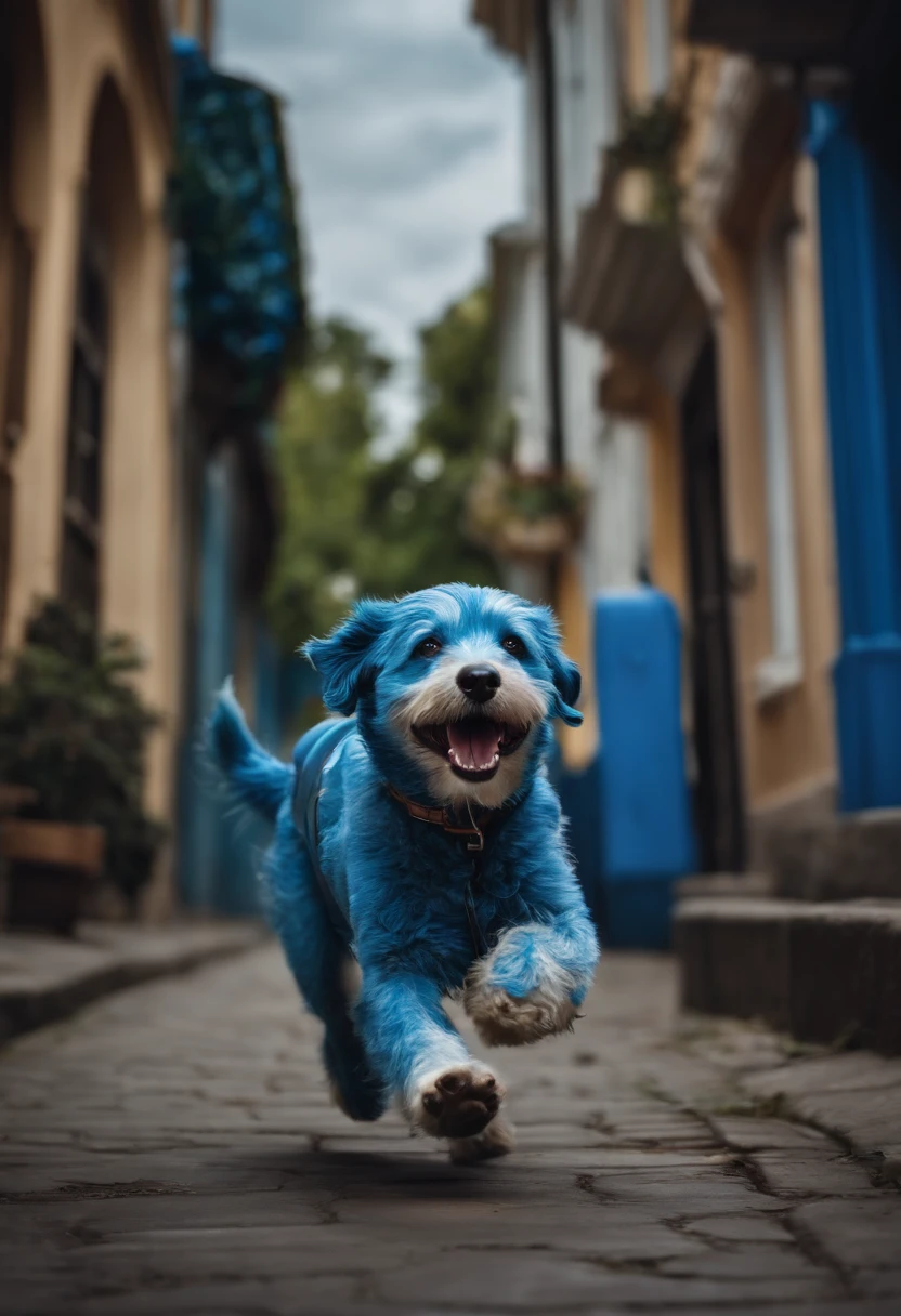 Blue dog running after a postman in the street with a bone in his head