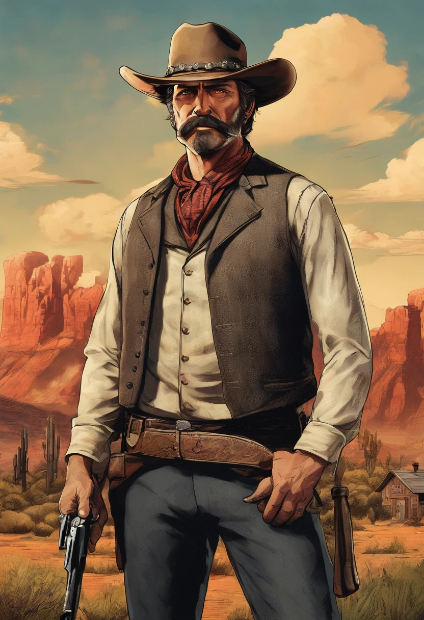 Full body picture of sheriff Curtis Malloy from Red Dead Redemption 2, detailed portrait, vintage illustration, high-res, realistic colors, intricate drawing, vibrant colors, dramatic lighting, full body shot, Nevada hat, nothing but mustache, full body from feet to top. a American eastern 1899 town background, with grass and trees,cigarette card