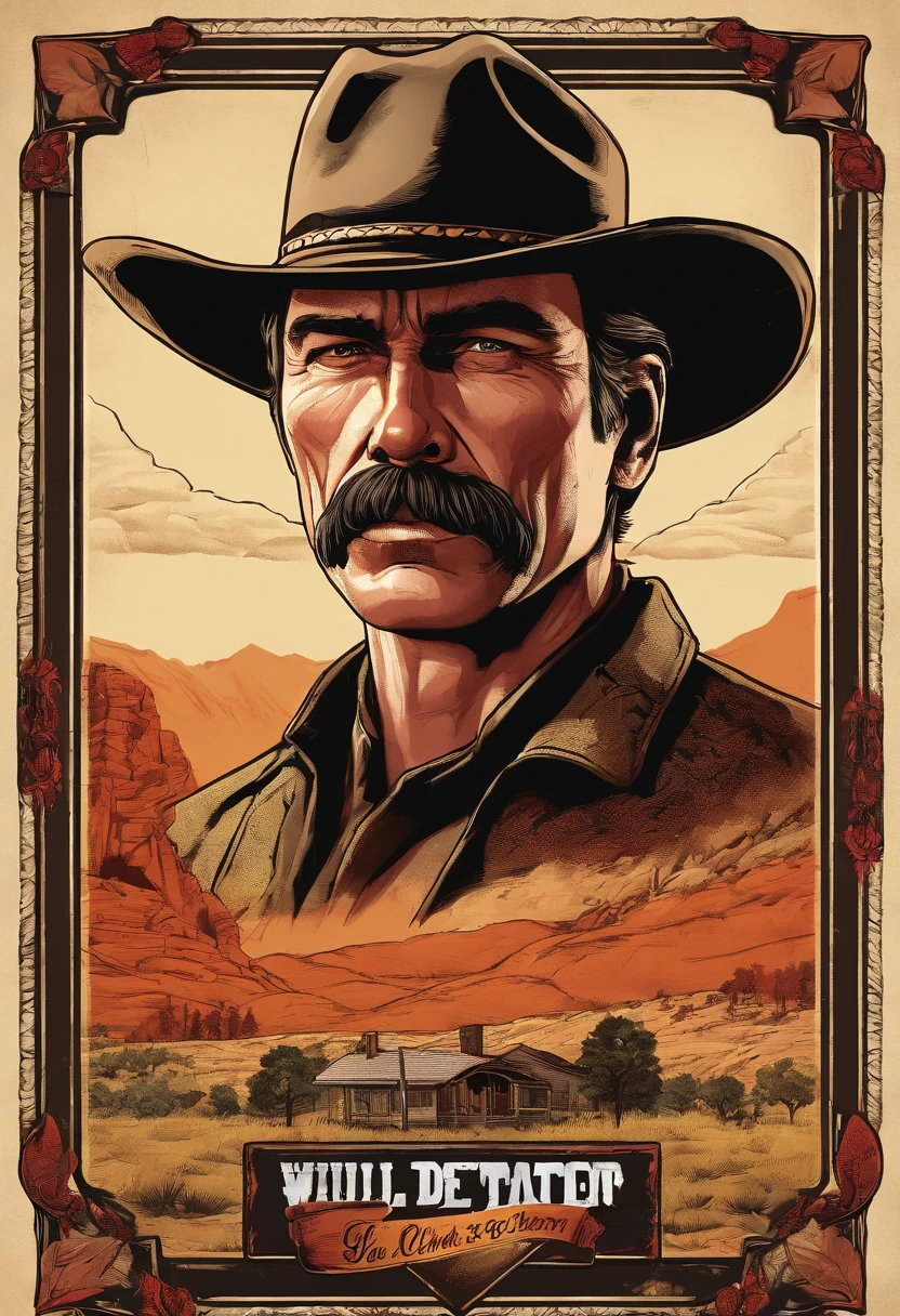 Full body picture of sheriff Curtis Malloy from Red Dead Redemption 2, detailed portrait, vintage illustration, high-res, realistic colors, intricate drawing, vibrant colors, dramatic lighting, full body shot, Nevada hat, nothing but mustache, full body from feet to top. a American eastern 1899 town background, with grass and trees,cigarette card