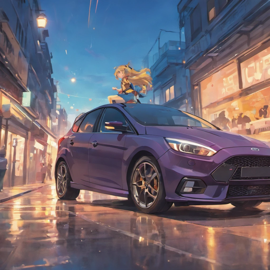 A real blue Ford Focus ST 2019，Drive on the streets，the street，Realistic background，Background of details
