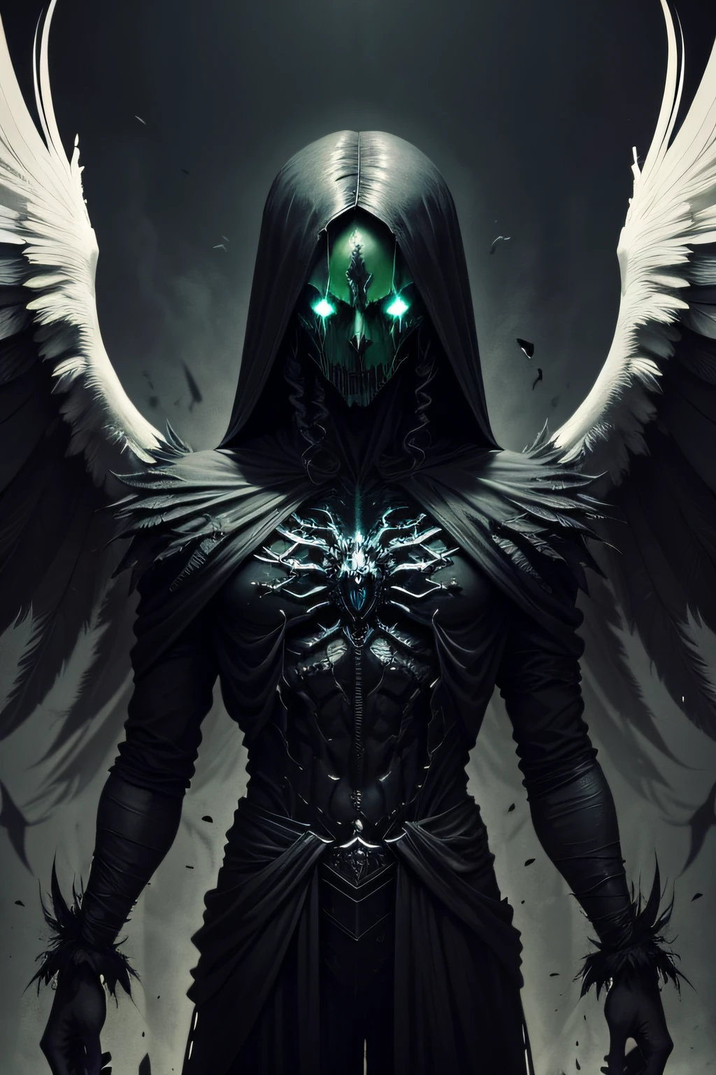 alien angel of death dark and gloomy, scary and very detailed, he is with his wings spread, these are partly consumed due to his age and are hard work, the dominant colors are black and green for his eyes; It's like it's breaking down into particles that float