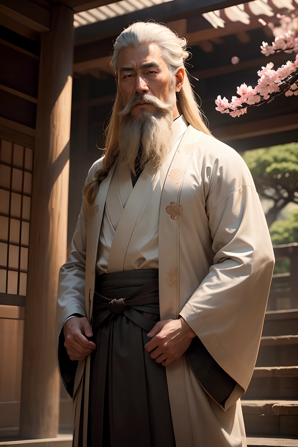 Certainly, here is a detailed image prompt for a captivating, cinematic, and realistic 8K image of an ancient Japanese master:

**Image Prompt: Ancient Japanese Master**

- A cinematic 8K shot capturing the full stature of the venerable Japanese master, standing in a serene garden adorned with cherry blossoms and ancient bonsai trees.
- The master's long, flowing hair and beard, gracefully swaying in the gentle breeze, exude a sense of timeless wisdom and tranquility.
- His eyes, deep and reflective, seem to hold the secrets of centuries, reflecting a lifetime of profound knowledge and experience.
- The master's colorful and ornate kimono, adorned with intricate patterns and rich textures, provides a striking contrast to the tranquil surroundings, emphasizing his significance.
- The soft, cinematic lighting bathes the master in a warm, golden glow, creating an ethereal atmosphere and highlighting every detail, from the folds of his kimono to the textures of his hair and beard.
- The image evokes a sense of reverence and contemplation, inviting viewers to connect with the wisdom and serenity embodied by the ancient master.

This detailed prompt is designed to inspire the creation of a truly mesmerizing and cinematic 8K image that captures the essence of an ancient Japanese master in all his grandeur and wisdom.
