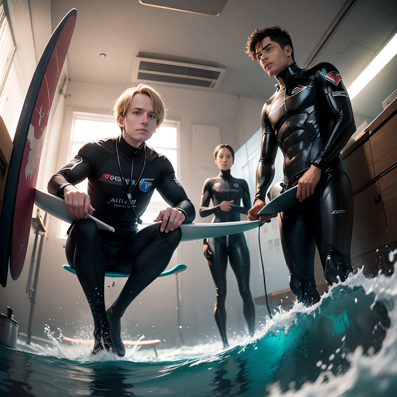 researchers in a laboratory observing Hawking radiation from a surfboard